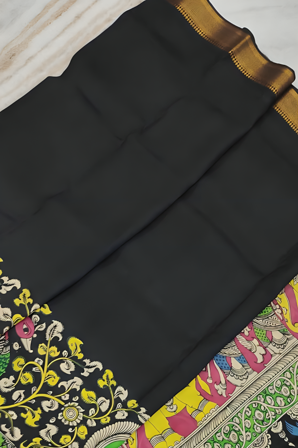 Polychromatic Handpainted Pen Kalamkari Silk Saree Black with Mythological Motifs & Golden Border