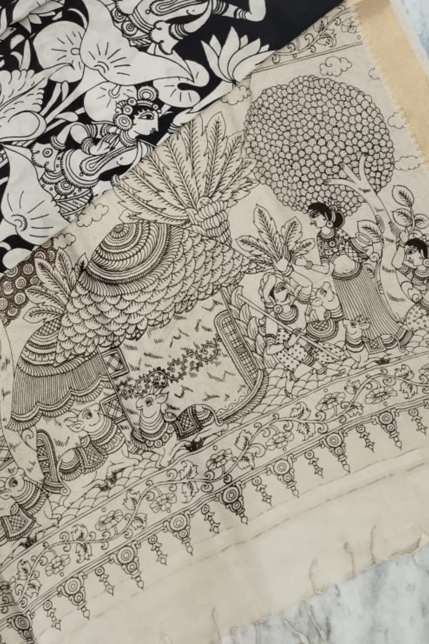 Monochrome Pen Kalamkari Silk Saree with Lotus Body & Village Life Pallu