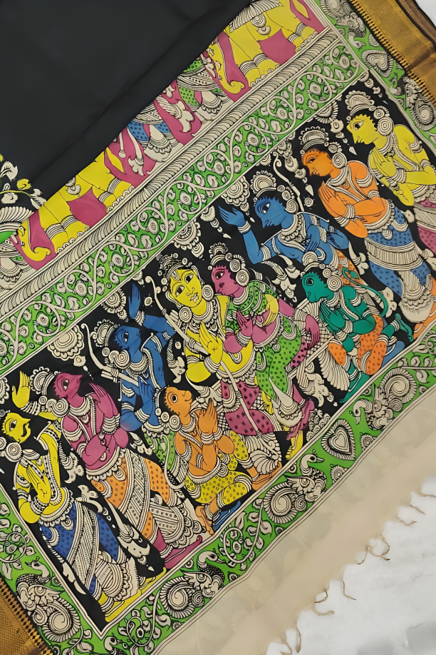 Polychromatic Handpainted Pen Kalamkari Silk Saree Black with Mythological Motifs & Golden Border