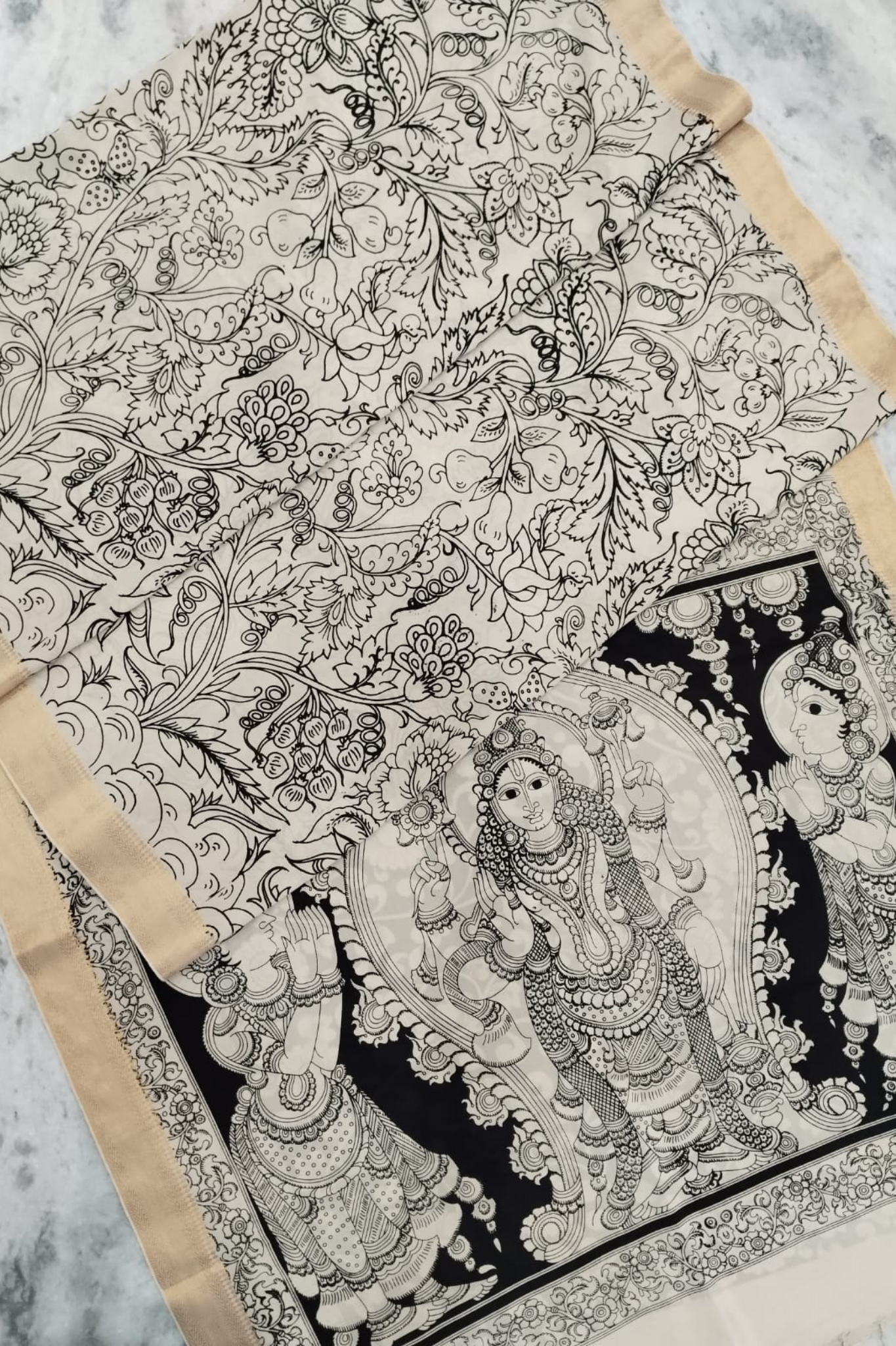 Monochrome Pen Kalamkari Silk Saree with Floral Vines & Goddess Pallu