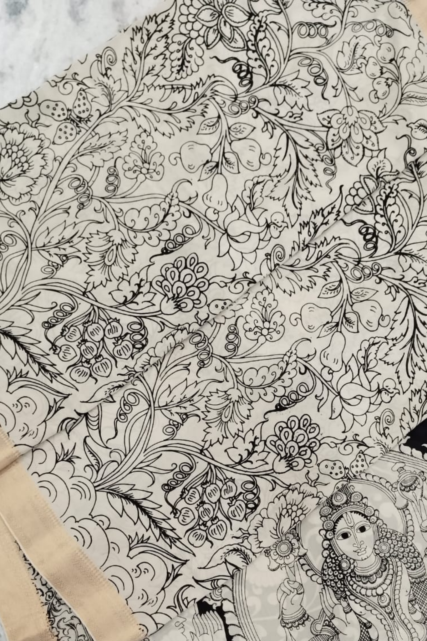 Monochrome Pen Kalamkari Silk Saree with Floral Vines & Goddess Pallu