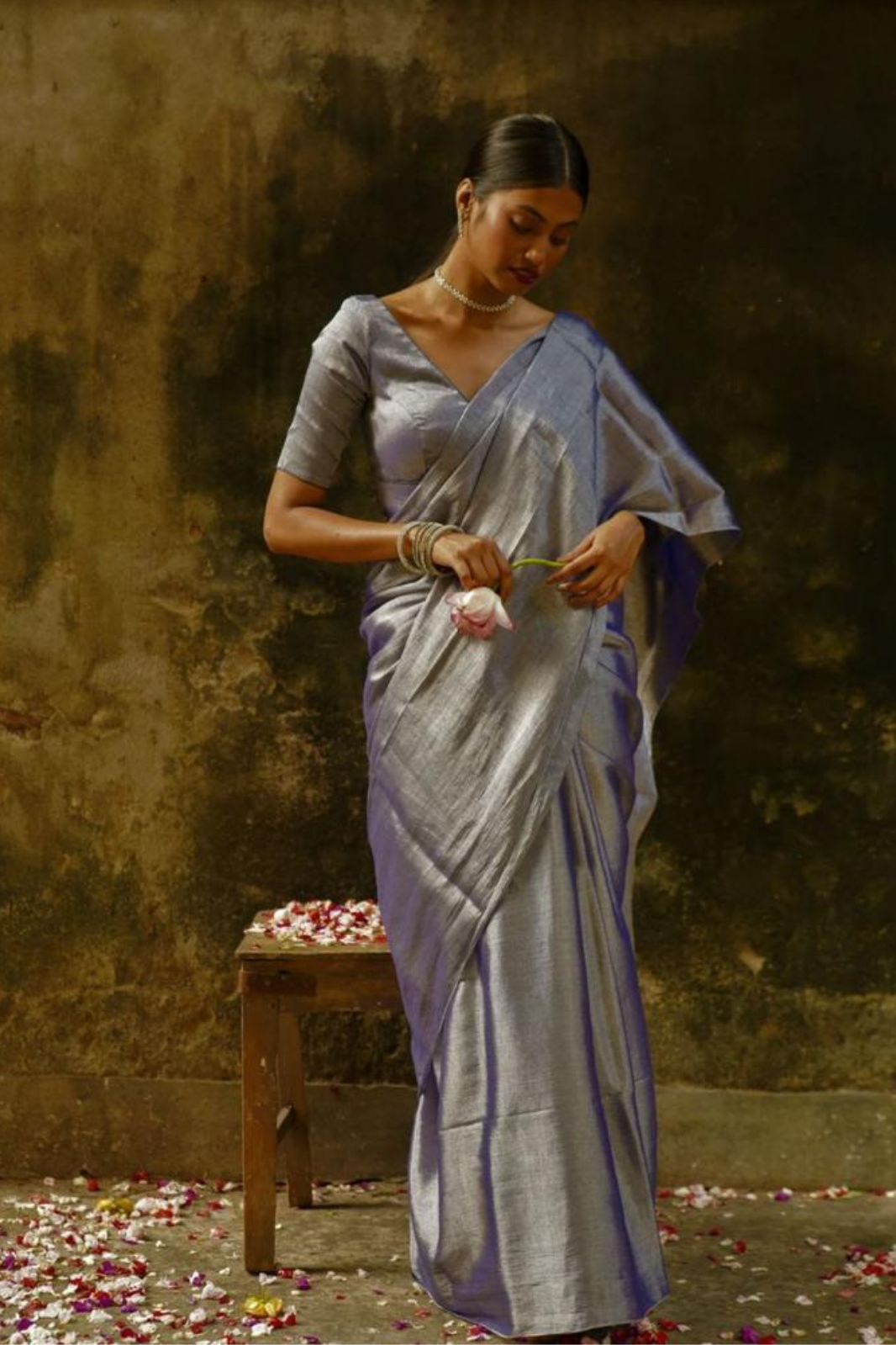 Silver Grey Designer Glass Tissue Silk Sarees