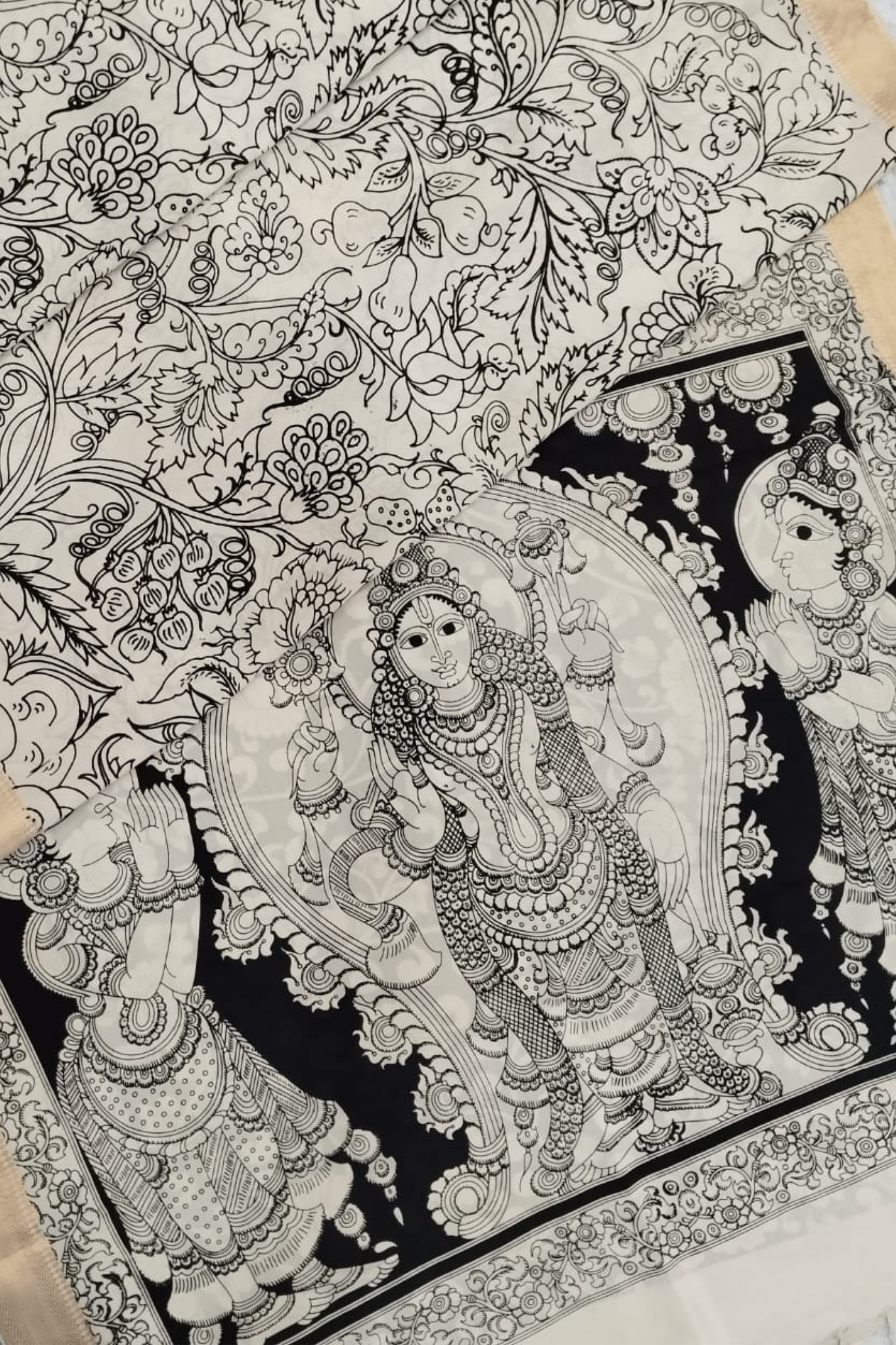 Monochrome Pen Kalamkari Silk Saree with Floral Vines & Goddess Pallu