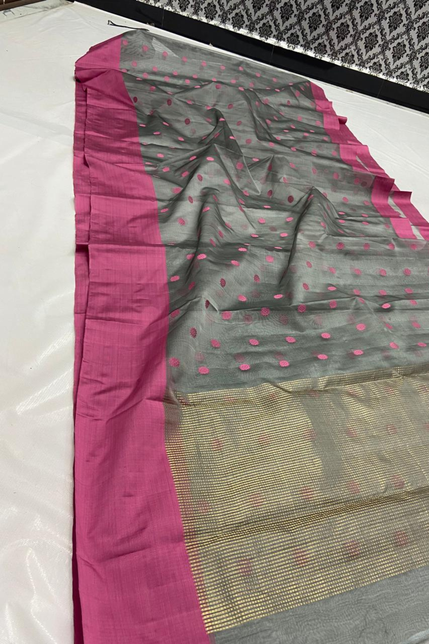 Ash Grey Traditional Chanderi Pure Silk Saree