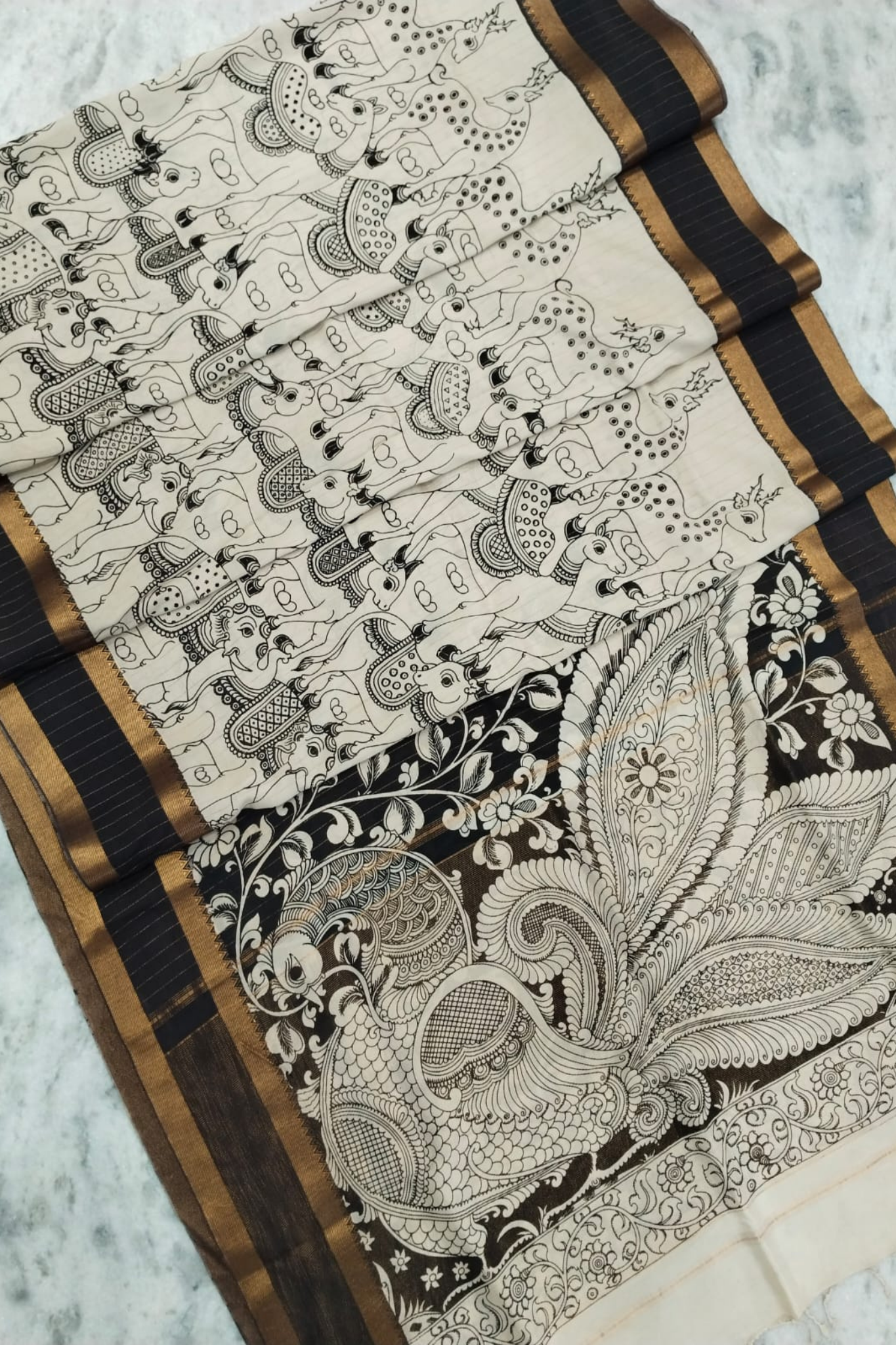 Monochrome Pen Kalamkari Silk Saree with Animal Motifs & Peacock Pallu