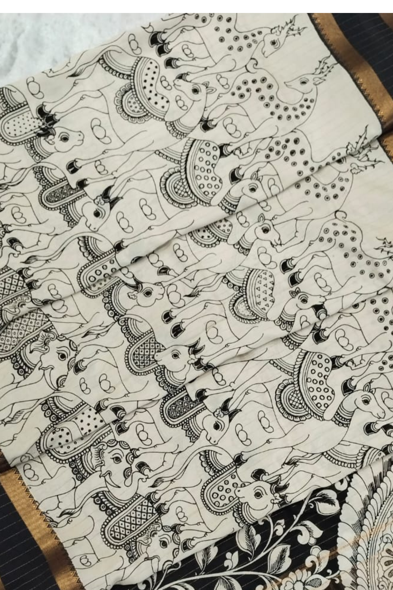 Monochrome Pen Kalamkari Silk Saree with Animal Motifs & Peacock Pallu