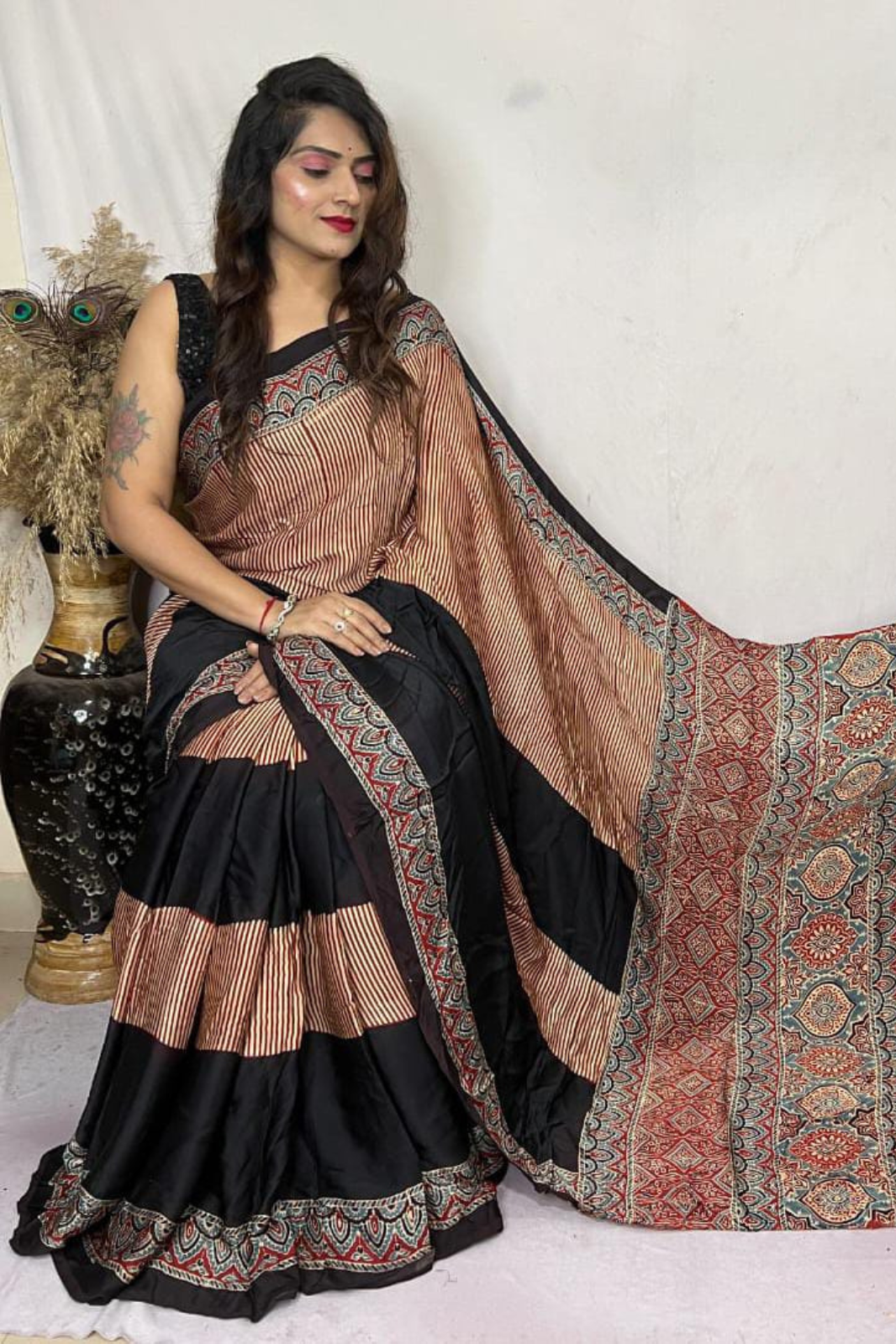 Handblock Printed Natural Dye Pure Modal Ajarakh Silk Saree Black & Beige