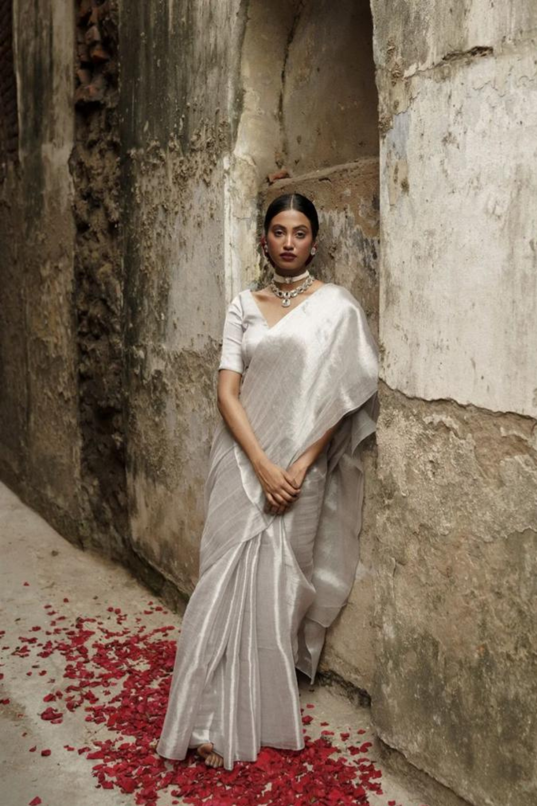 Silver White Designer Glass Tissue Silk Sarees