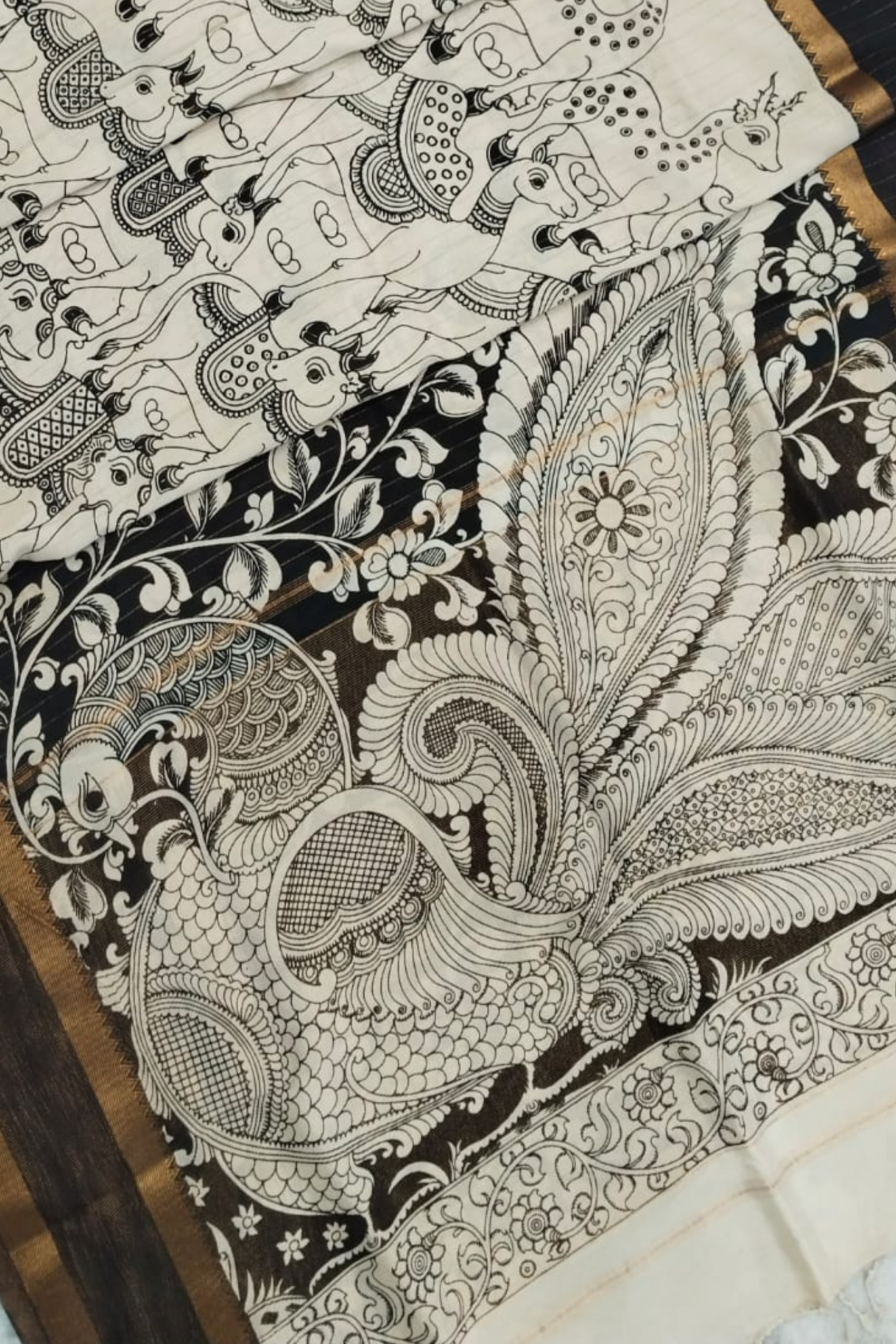 Monochrome Pen Kalamkari Silk Saree with Animal Motifs & Peacock Pallu