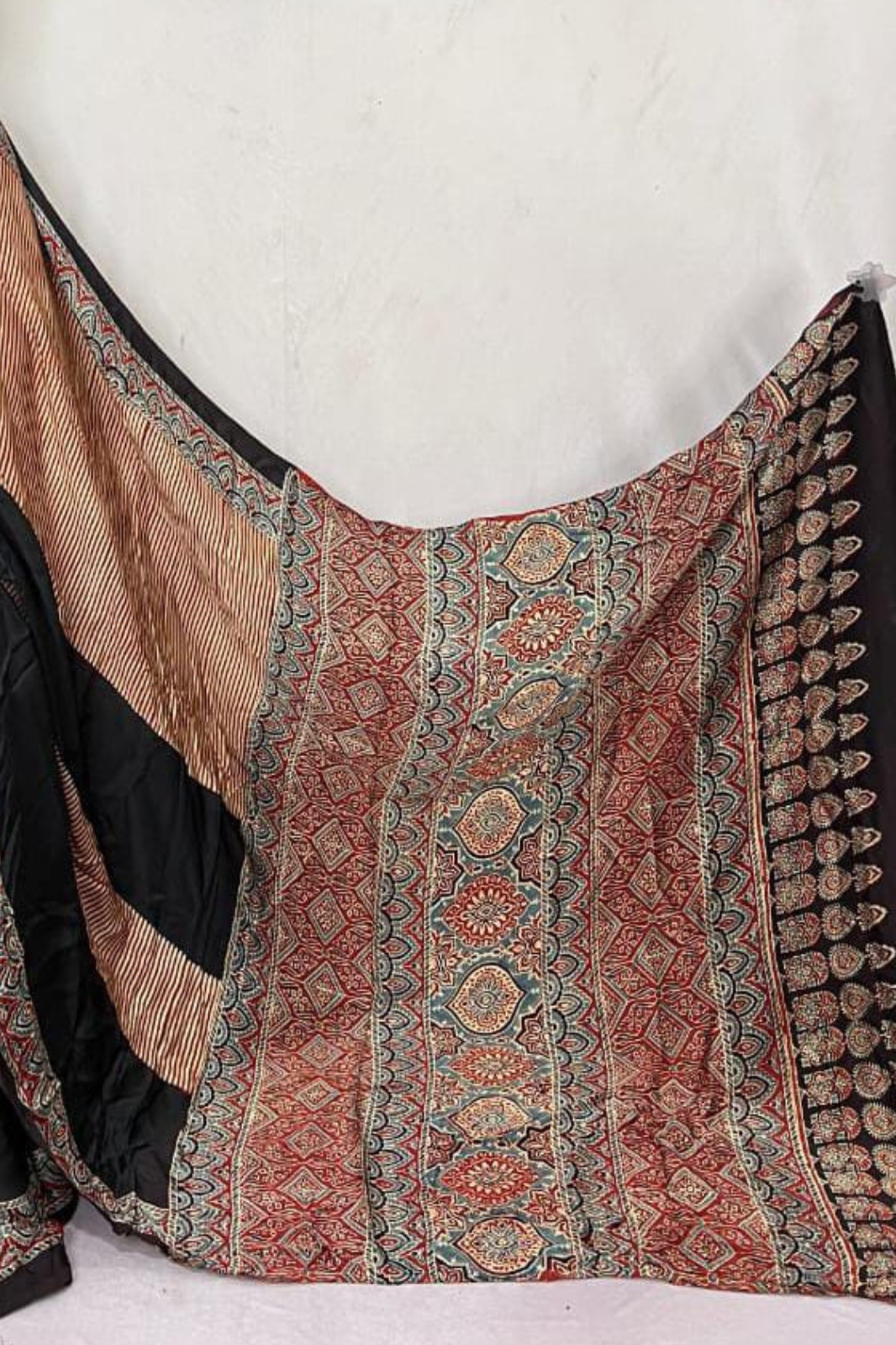 Handblock Printed Natural Dye Pure Modal Ajarakh Silk Saree Black & Beige