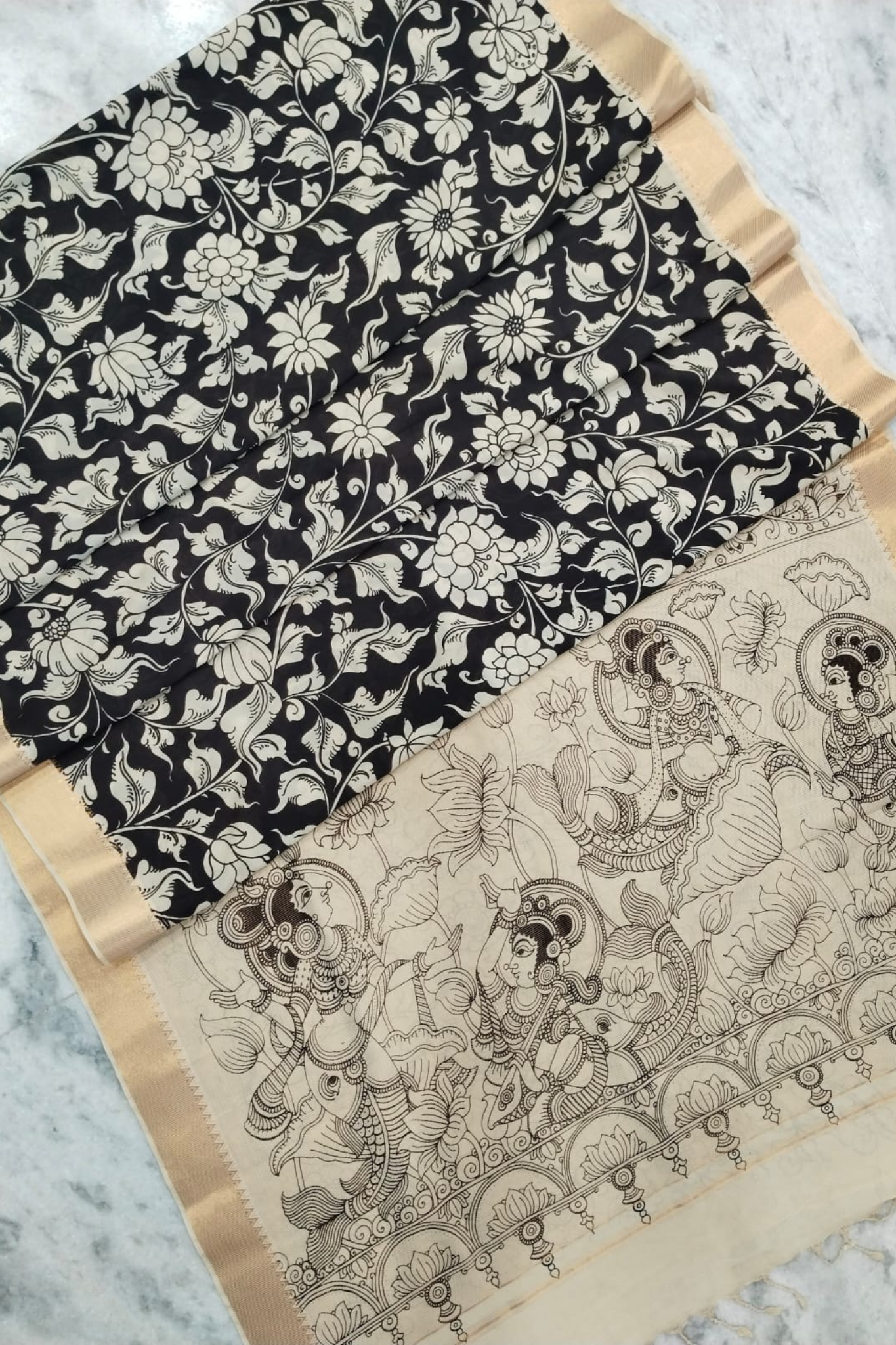 Monochrome Pen Kalamkari Silk Saree with Floral Body & Mythological Pallu