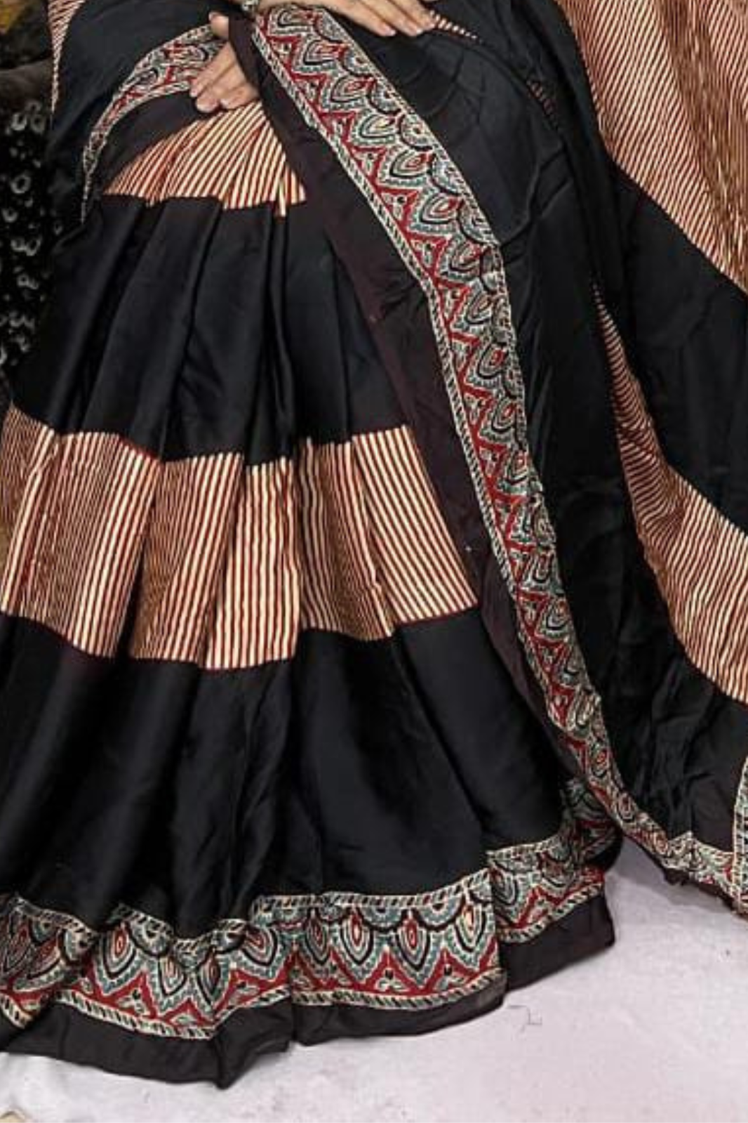 Handblock Printed Natural Dye Pure Modal Ajarakh Silk Saree Black & Beige