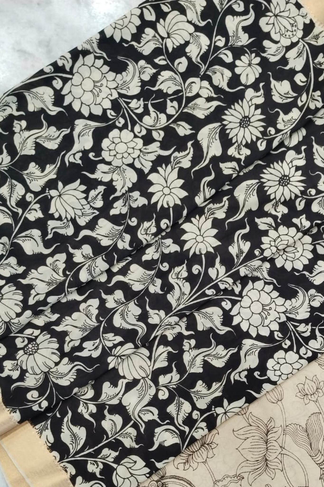 Monochrome Pen Kalamkari Silk Saree with Floral Body & Mythological Pallu
