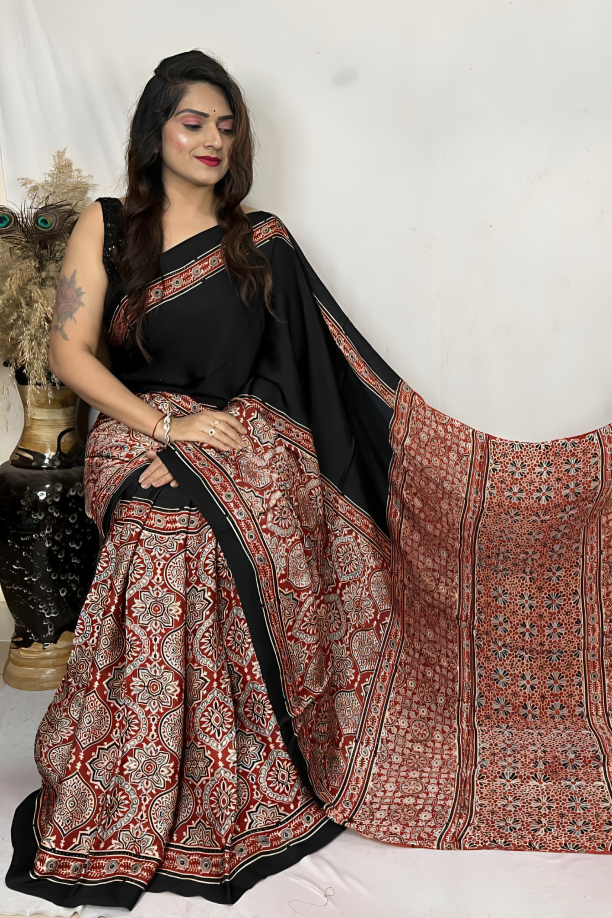 Handblock printed natural dye pure modal Ajarakh Silk Saree
