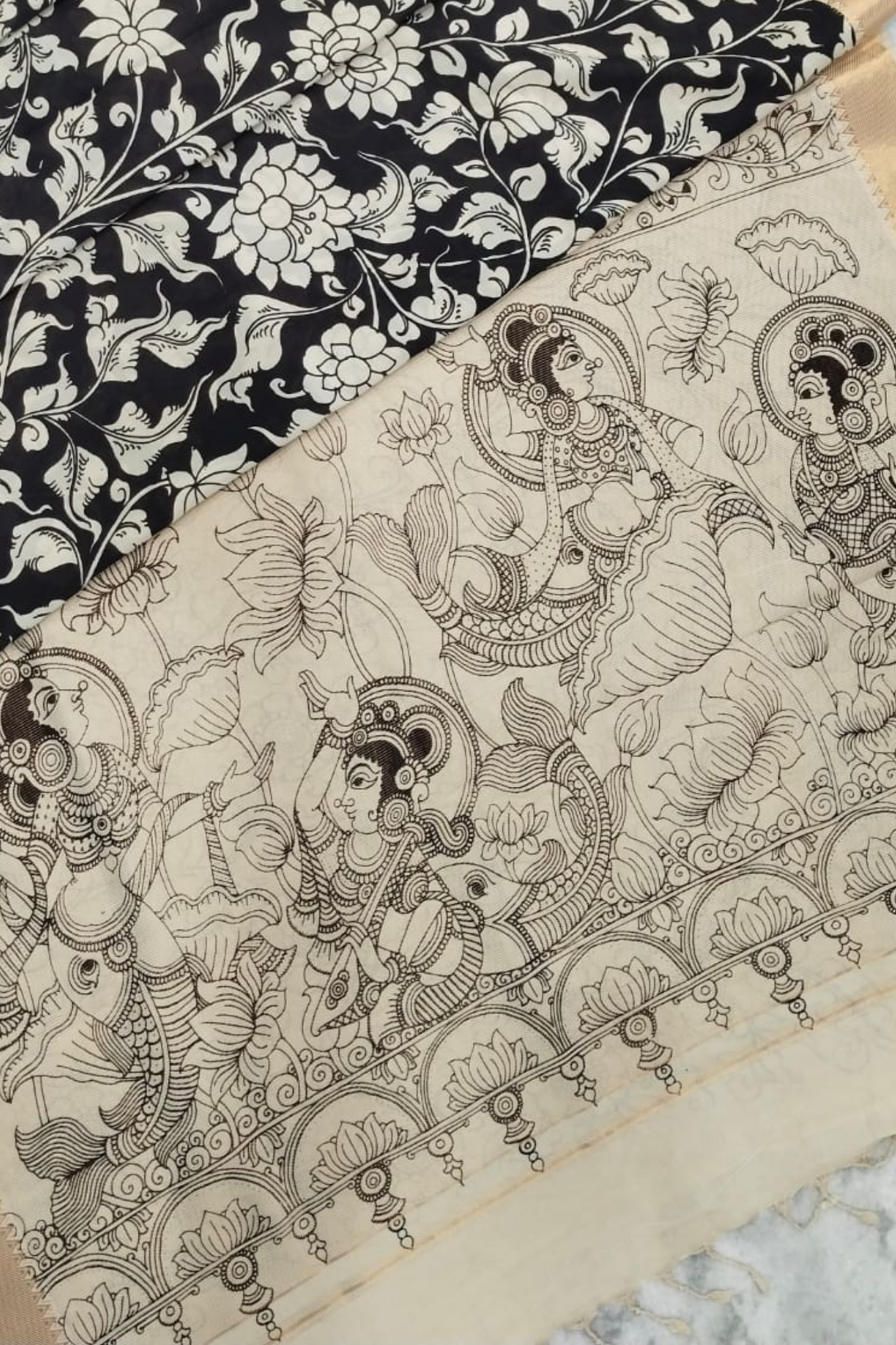 Monochrome Pen Kalamkari Silk Saree with Floral Body & Mythological Pallu