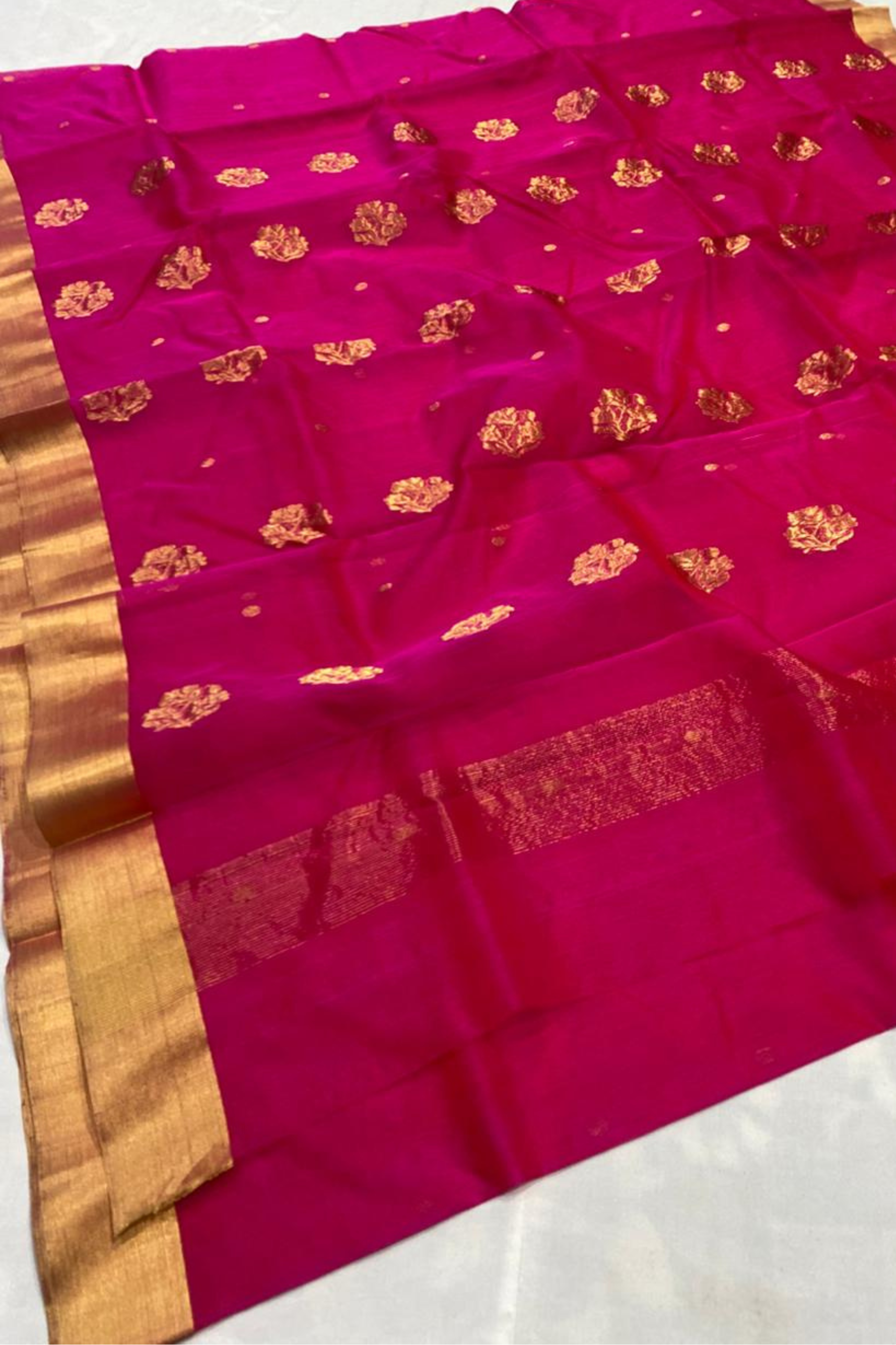 Royal Pink Pure Chanderi Silk Saree with Golden Border & Buttis