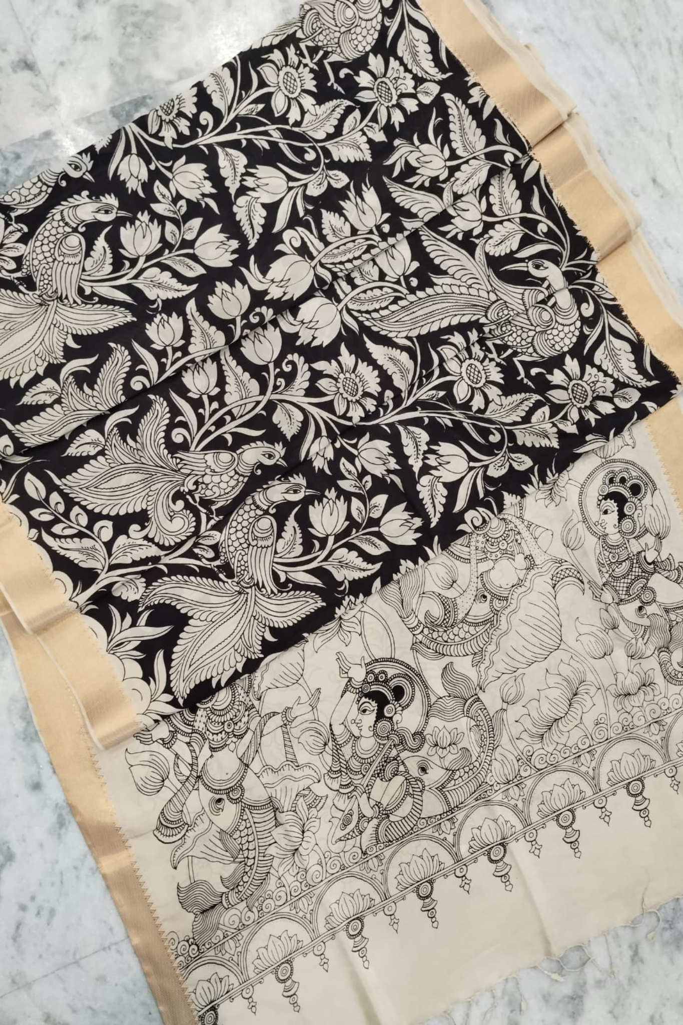 Monochrome Pen Kalamkari Silk Saree with Floral & Mythological Motifs