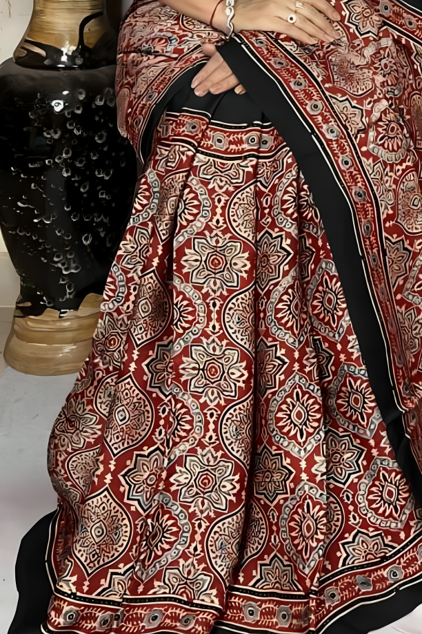 Handblock printed natural dye pure modal Ajarakh Silk Saree