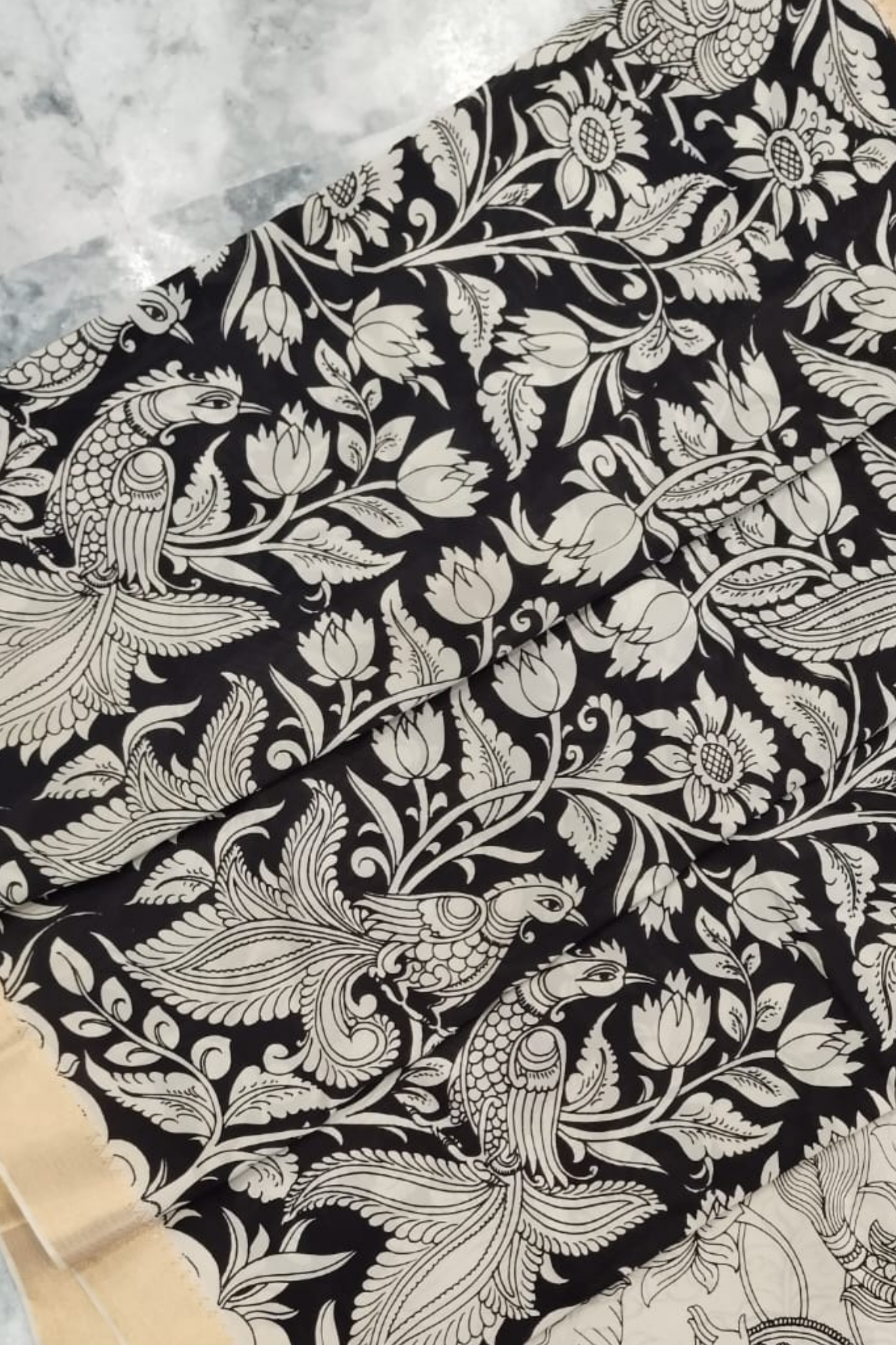 Monochrome Pen Kalamkari Silk Saree with Floral & Mythological Motifs
