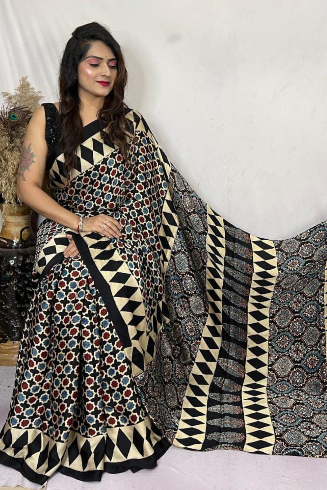 Handblock Printed Natural Dye Pure Modal Ajarakh Silk Saree Black & Beige with Geometric & Floral Motifs