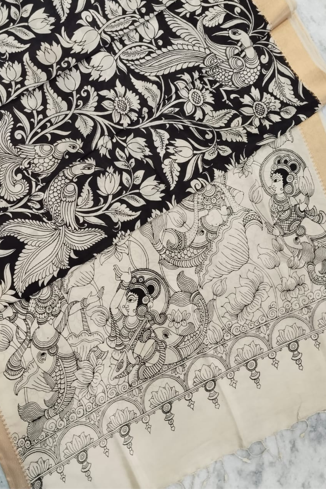 Monochrome Pen Kalamkari Silk Saree with Floral & Mythological Motifs