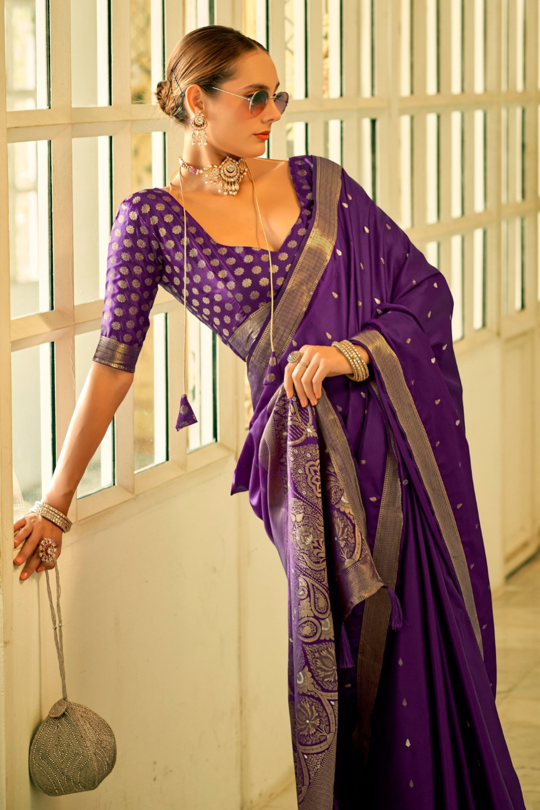 Purple Pure Banarasi Crepe Silk Sarees