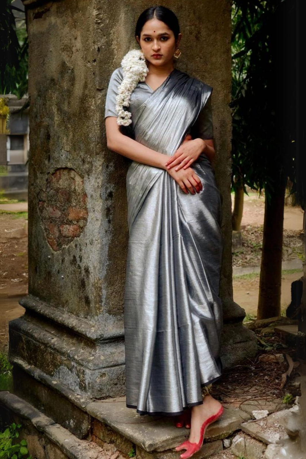 Silver Grey Designer Glass Tissue Silk Sarees