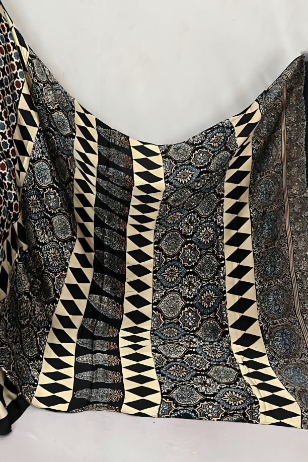Handblock Printed Natural Dye Pure Modal Ajarakh Silk Saree Black & Beige with Geometric & Floral Motifs
