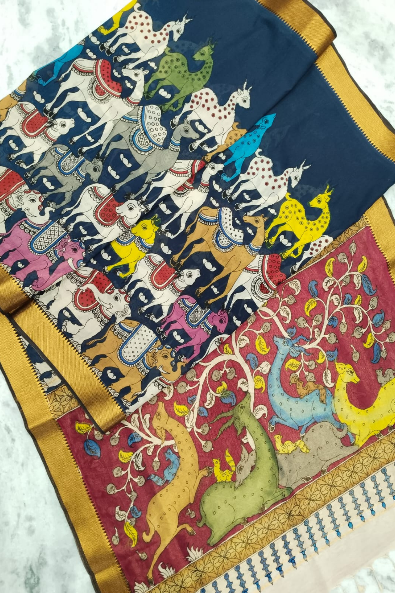 Polychromatic Handpainted Pen Kalamkari Silk Saree with Cow & Deer Motifs