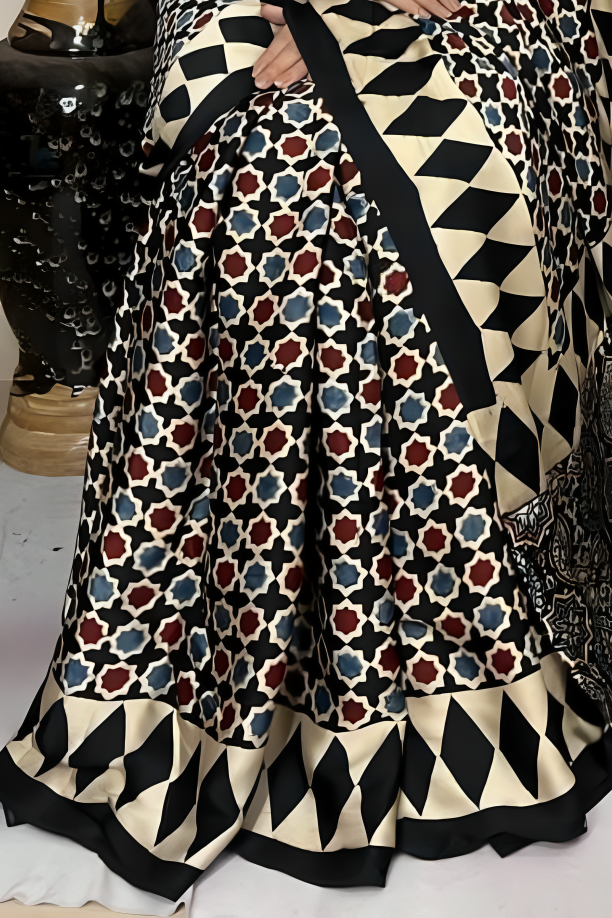 Handblock Printed Natural Dye Pure Modal Ajarakh Silk Saree Black & Beige with Geometric & Floral Motifs