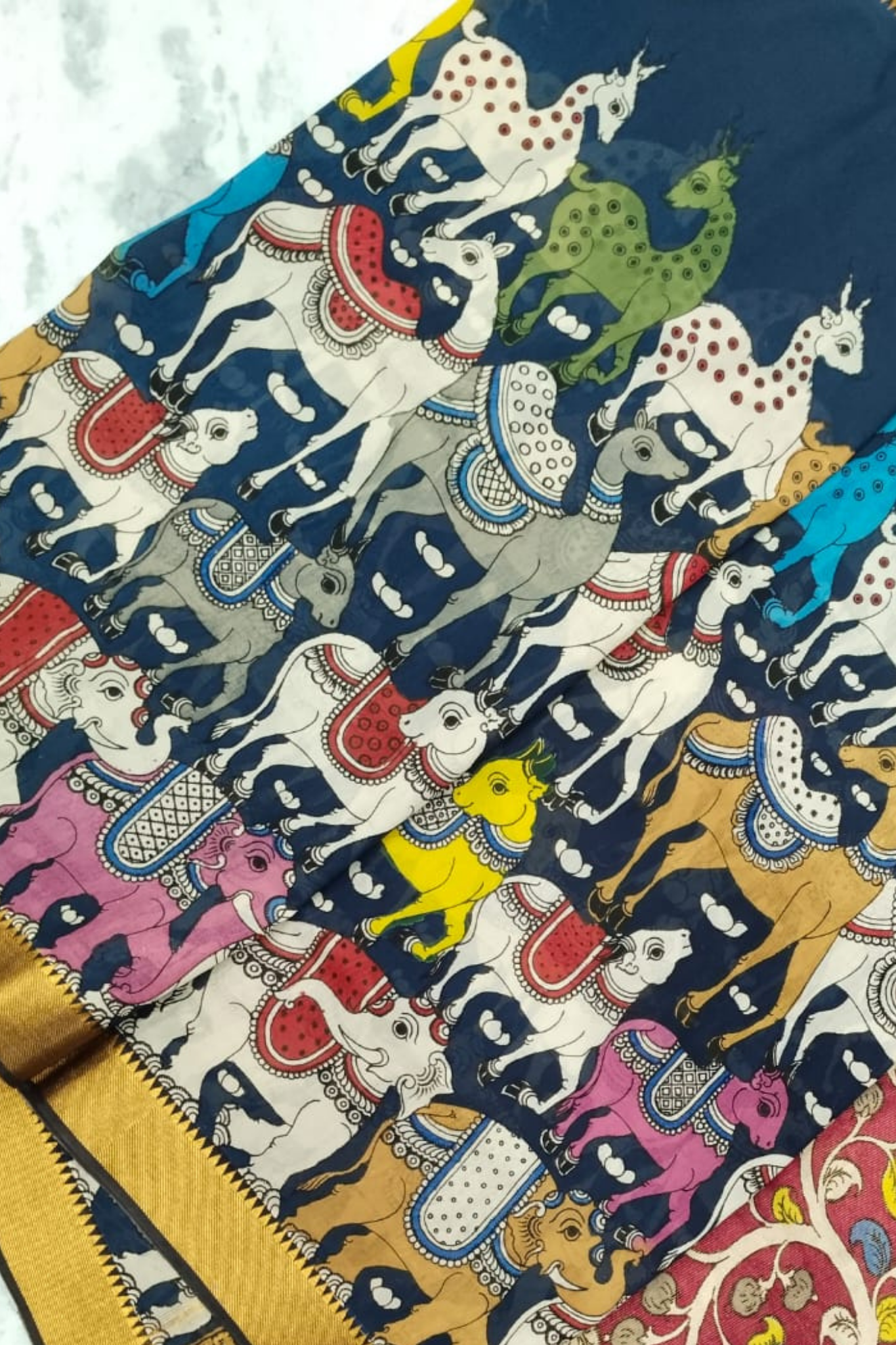 Polychromatic Handpainted Pen Kalamkari Silk Saree with Cow & Deer Motifs