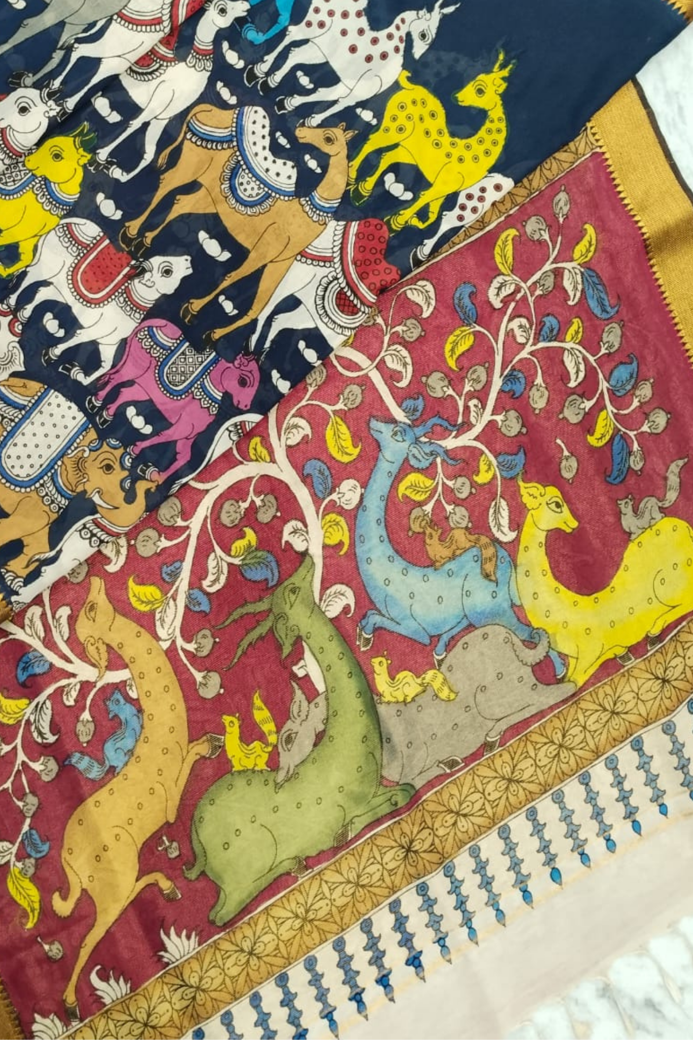 Polychromatic Handpainted Pen Kalamkari Silk Saree with Cow & Deer Motifs