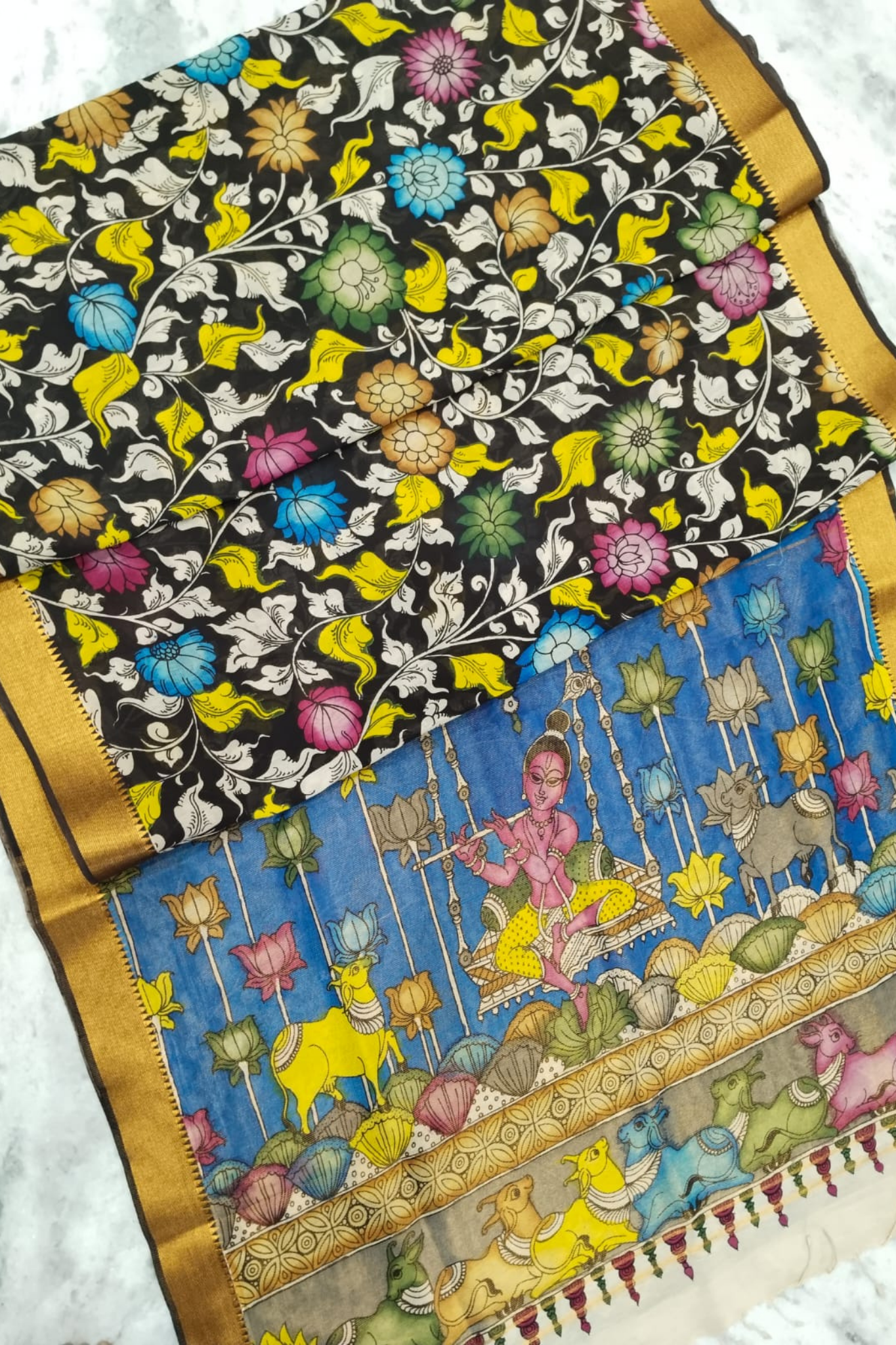 Handpainted Pen Kalamkari Silk Saree with Krishna Swing & Floral Motifs