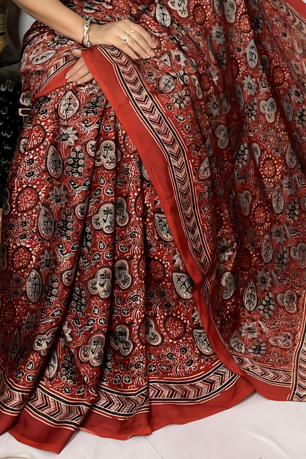 Handblock printed natural dye pure modal Ajarakh Silk Saree