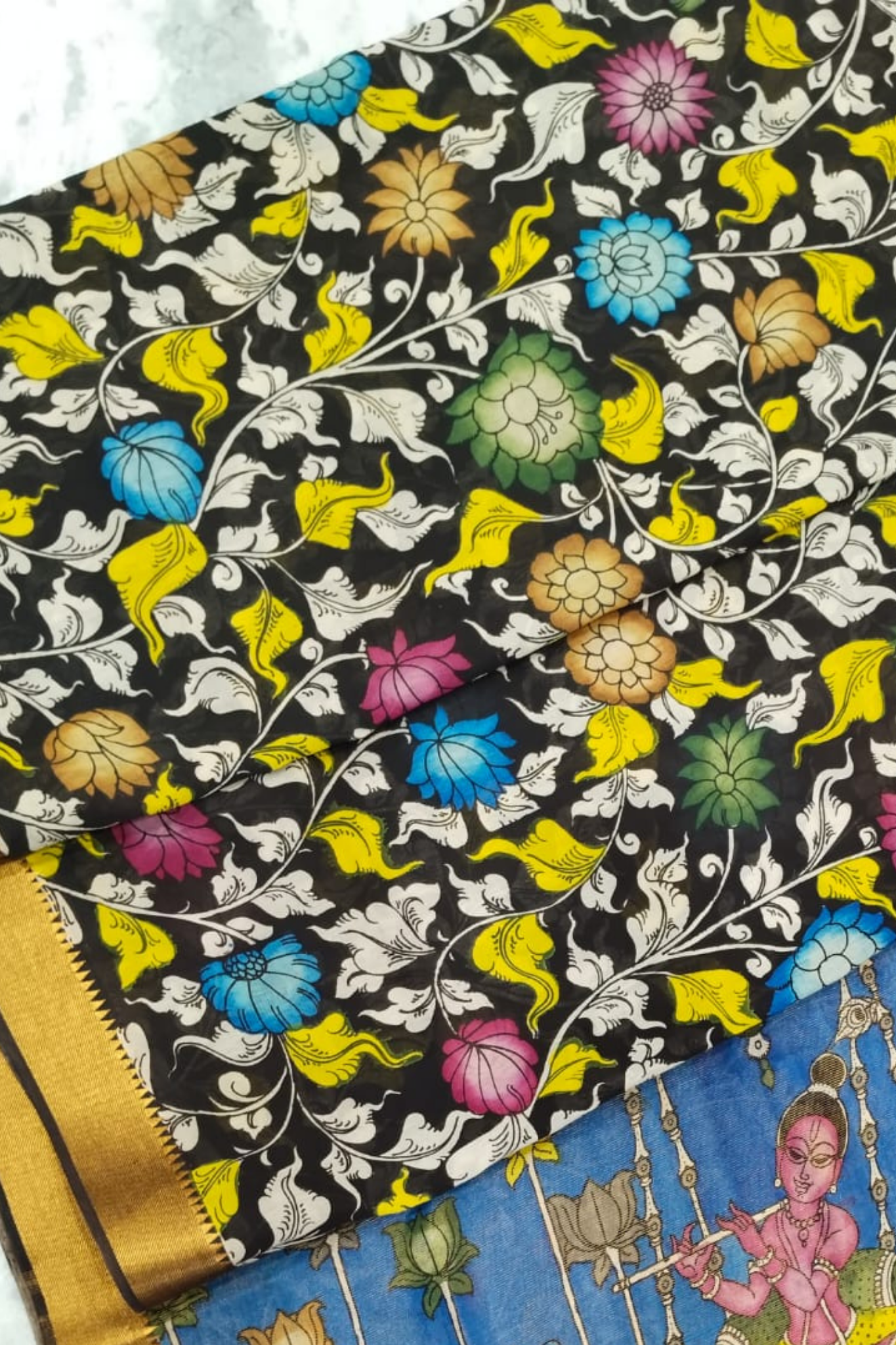 Handpainted Pen Kalamkari Silk Saree with Krishna Swing & Floral Motifs