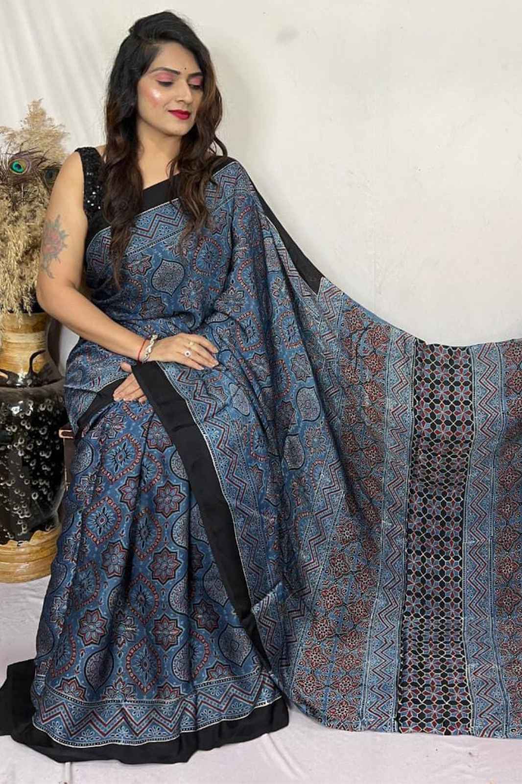 Handblock printed natural dye pure modal Ajarakh Silk Saree