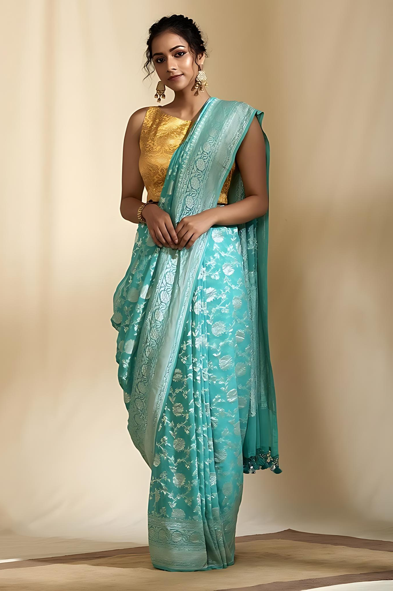 Aqua Green Pure Banarasi Khaddi Georgette Saree