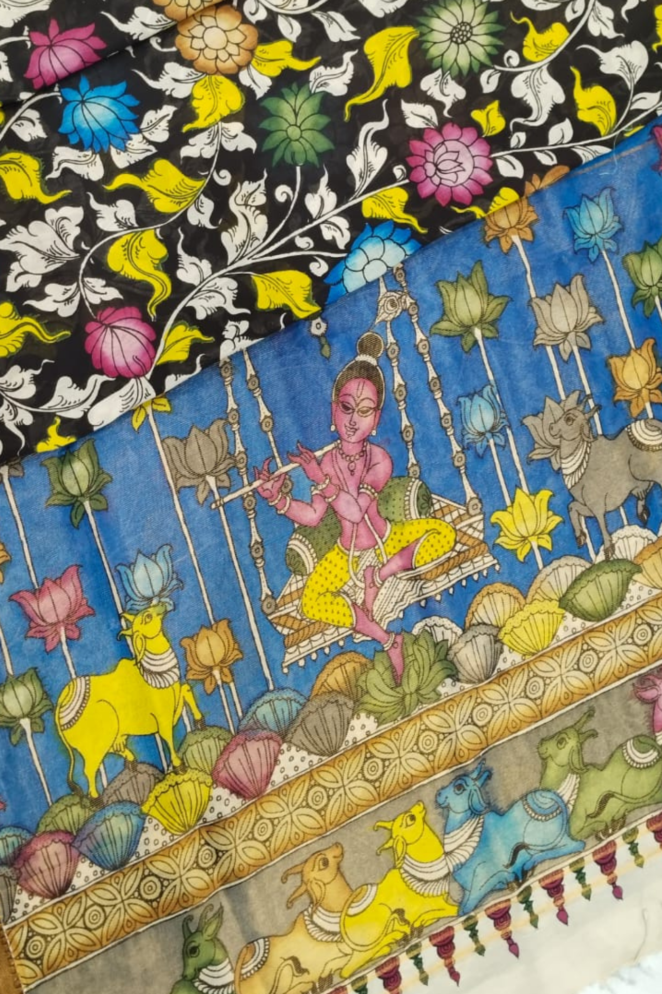 Handpainted Pen Kalamkari Silk Saree with Krishna Swing & Floral Motifs