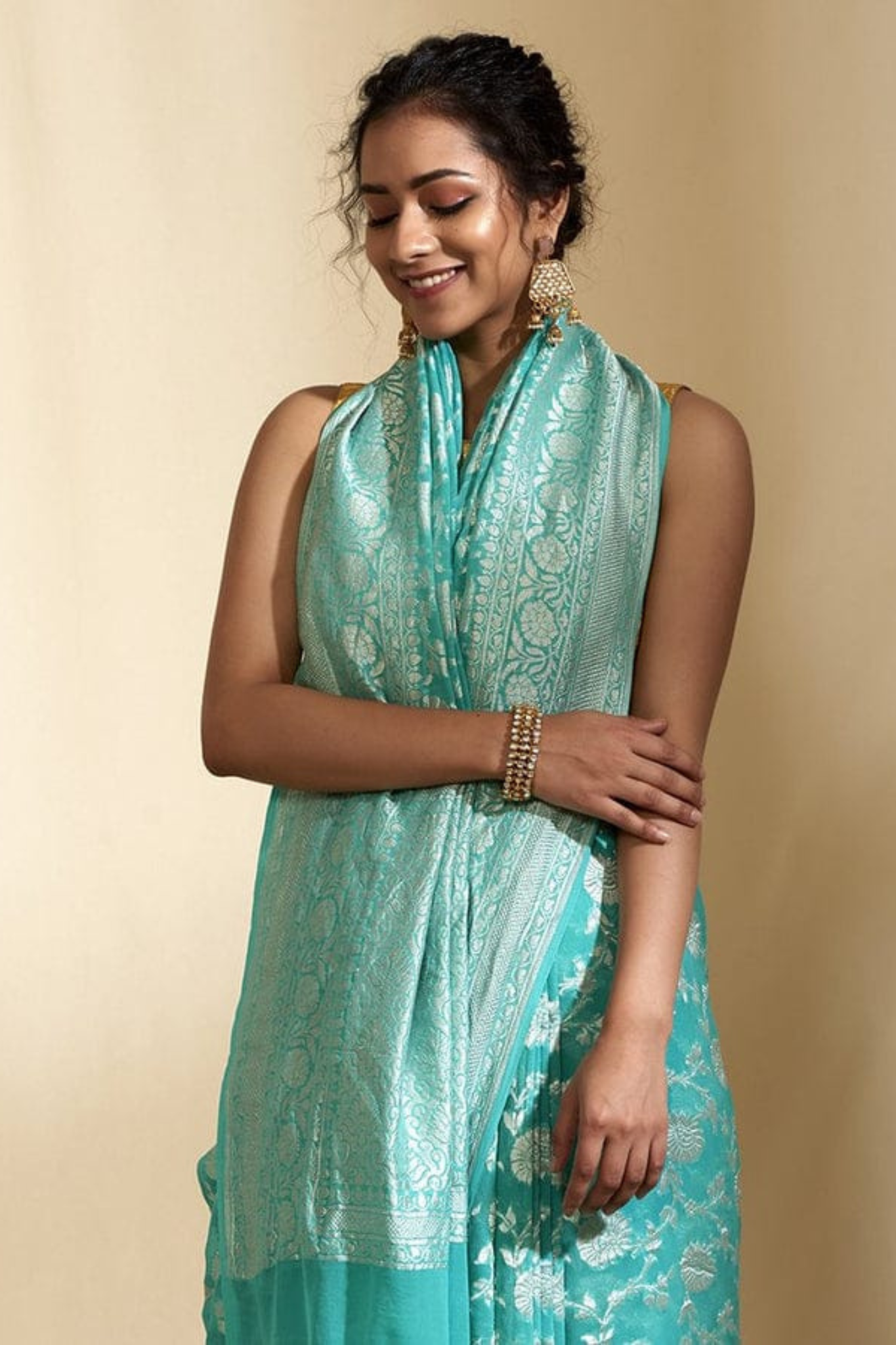 Aqua Green Pure Banarasi Khaddi Georgette Saree