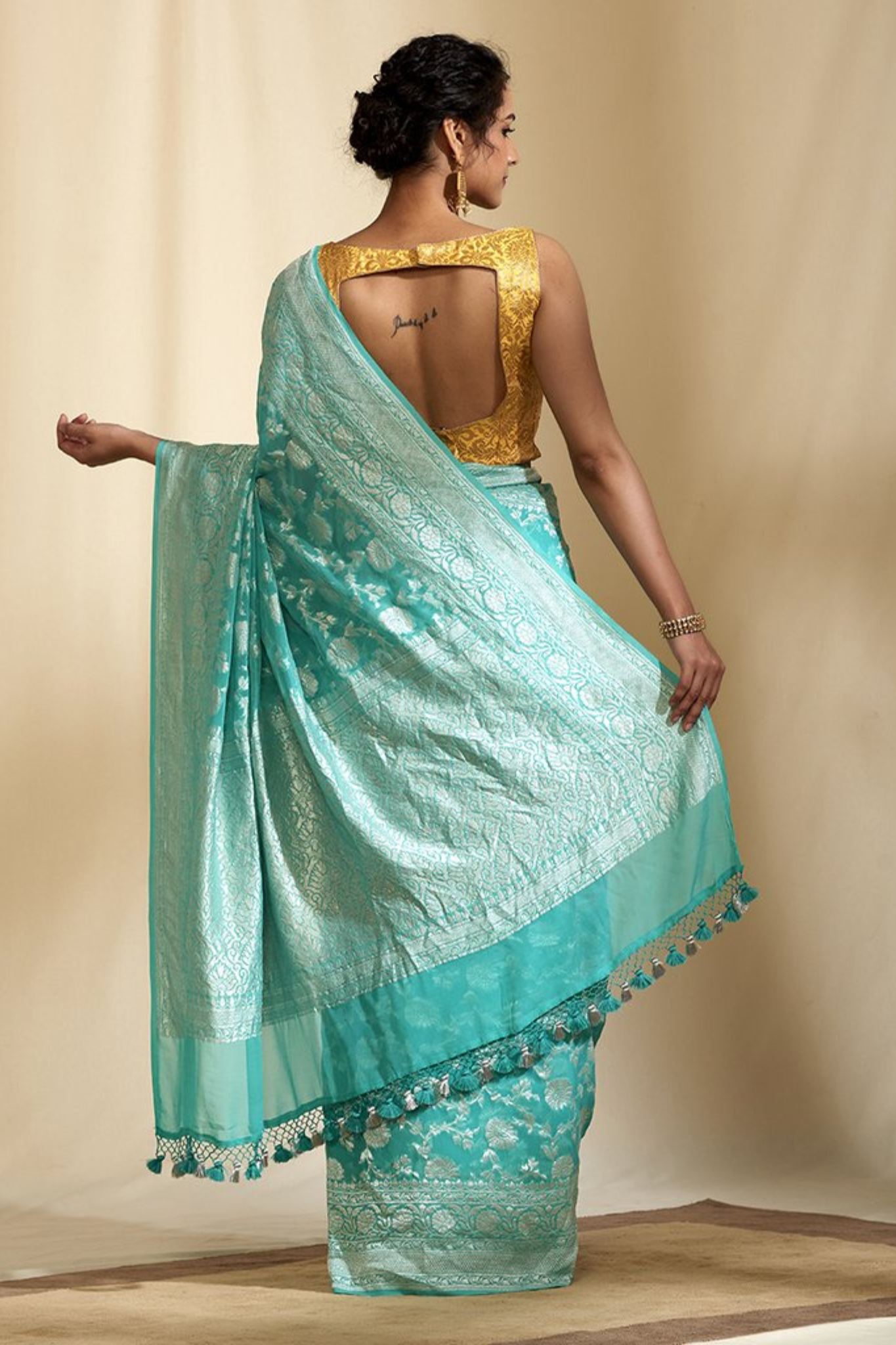 Aqua Green Pure Banarasi Khaddi Georgette Saree