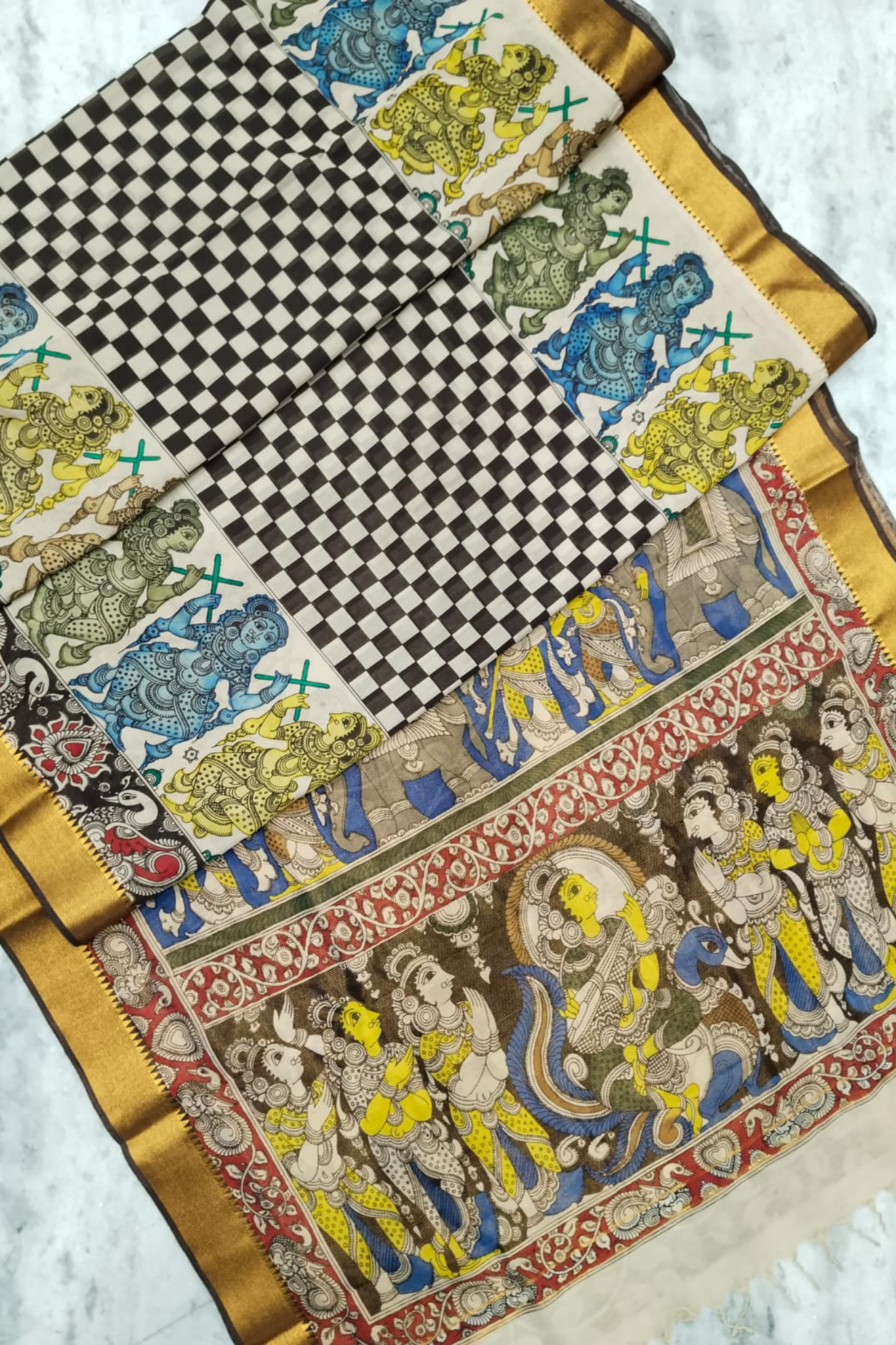 Handpainted Pen Kalamkari Silk Saree with Divine Procession & Mythological Art