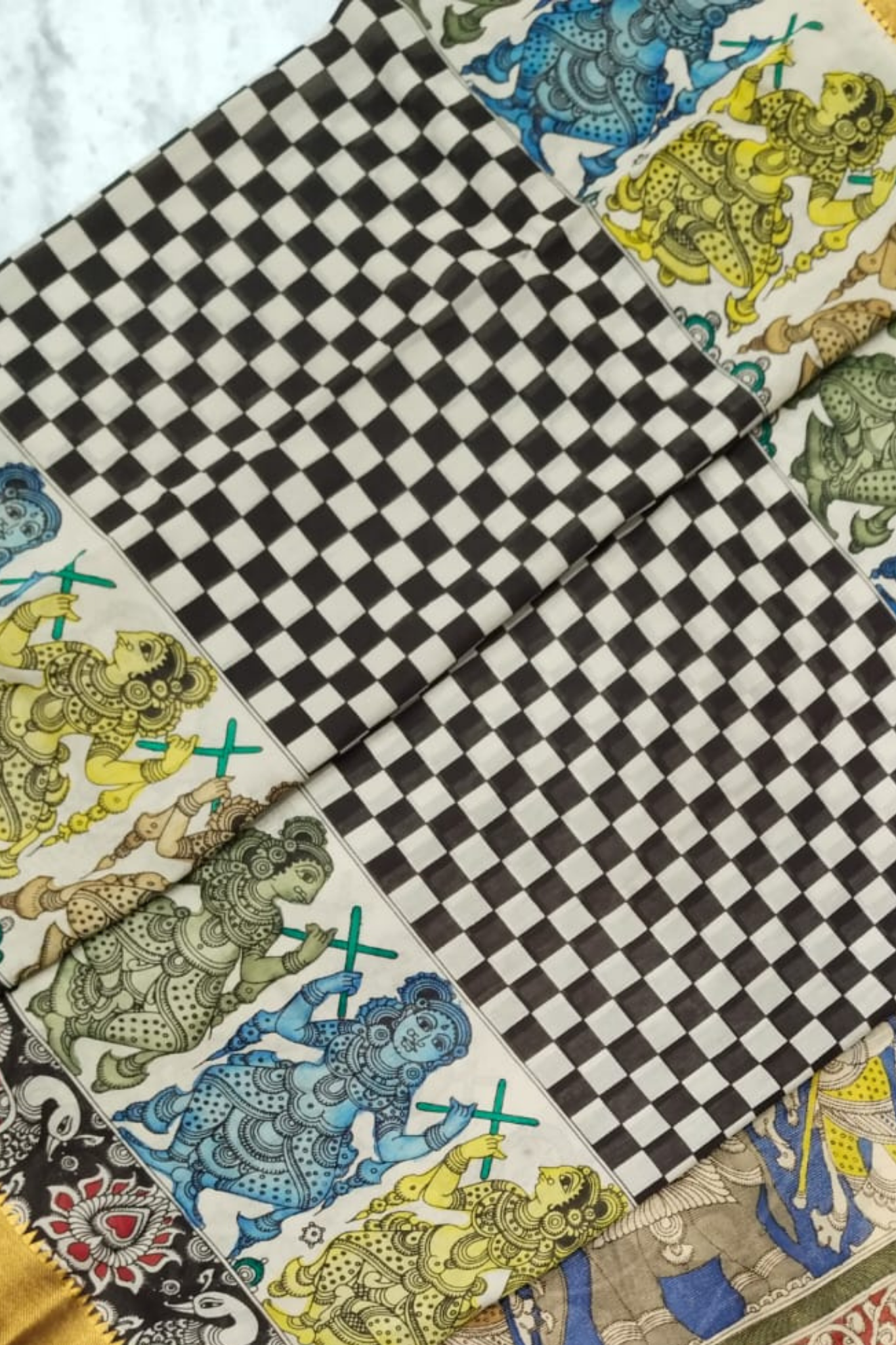 Handpainted Pen Kalamkari Silk Saree with Divine Procession & Mythological Art