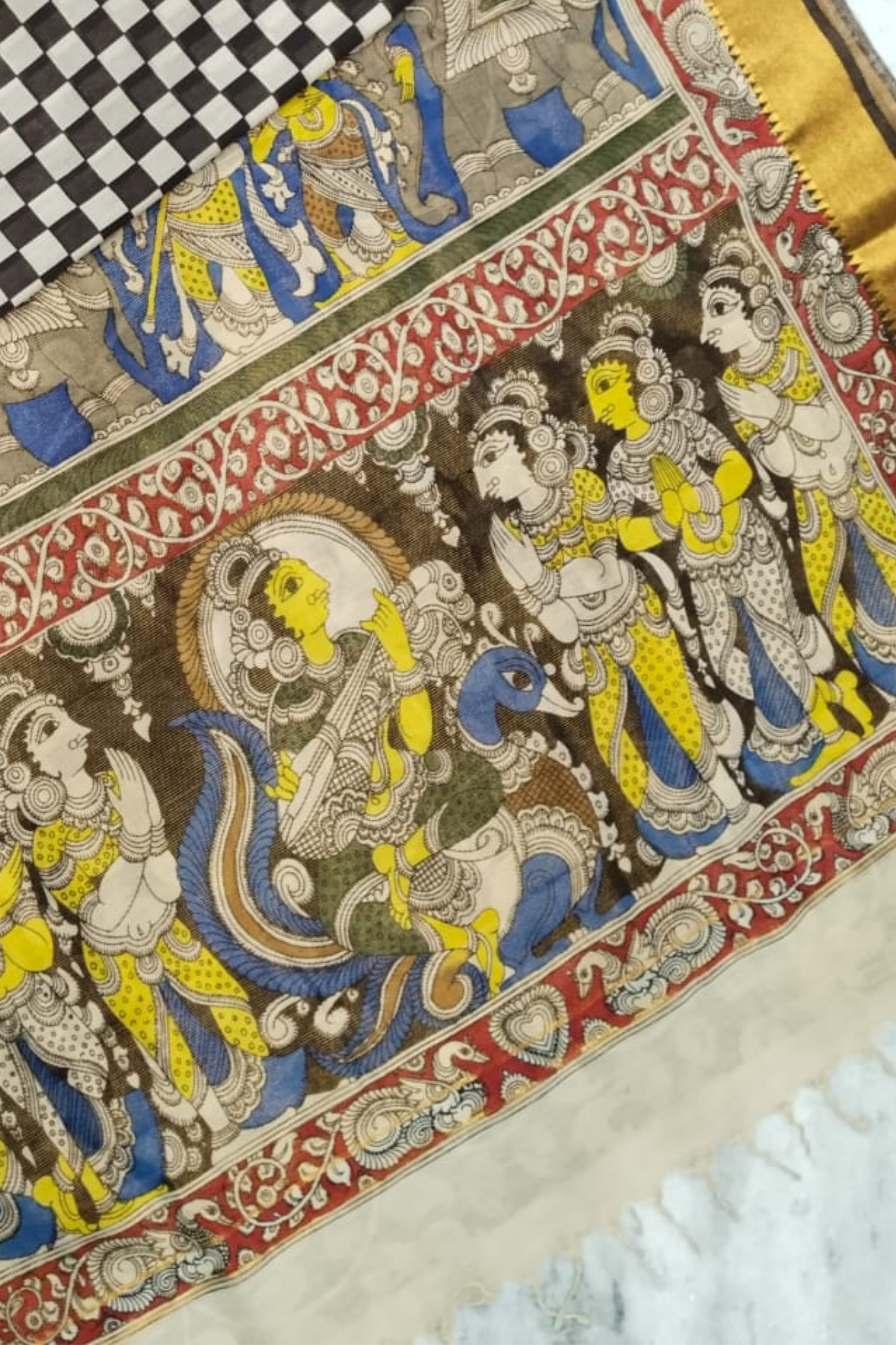 Handpainted Pen Kalamkari Silk Saree with Divine Procession & Mythological Art