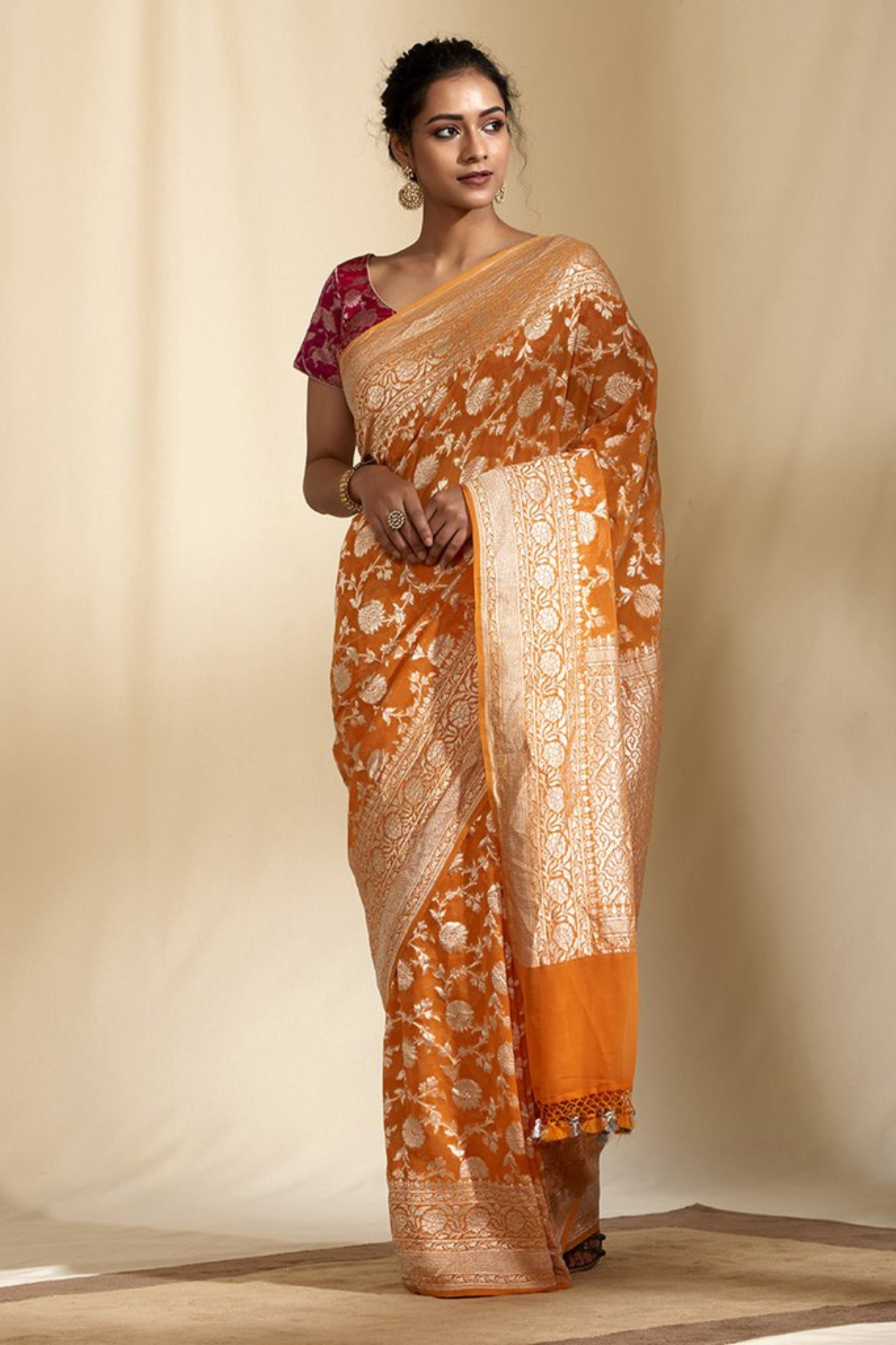 Neon Orange Pure Banarasi Khaddi Georgette Saree