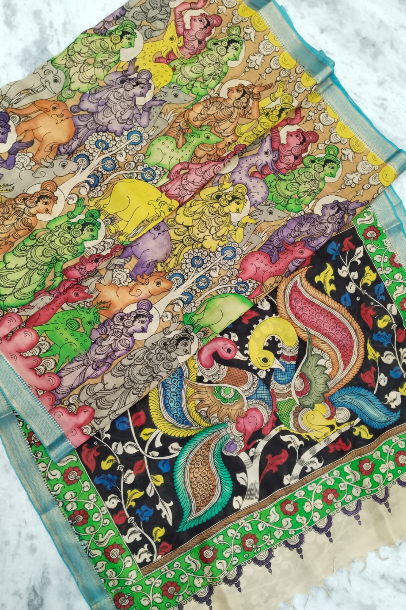 Polychromatic Pen Kalamkari Silk Saree with Handpainted Mythological & Peacock Motifs