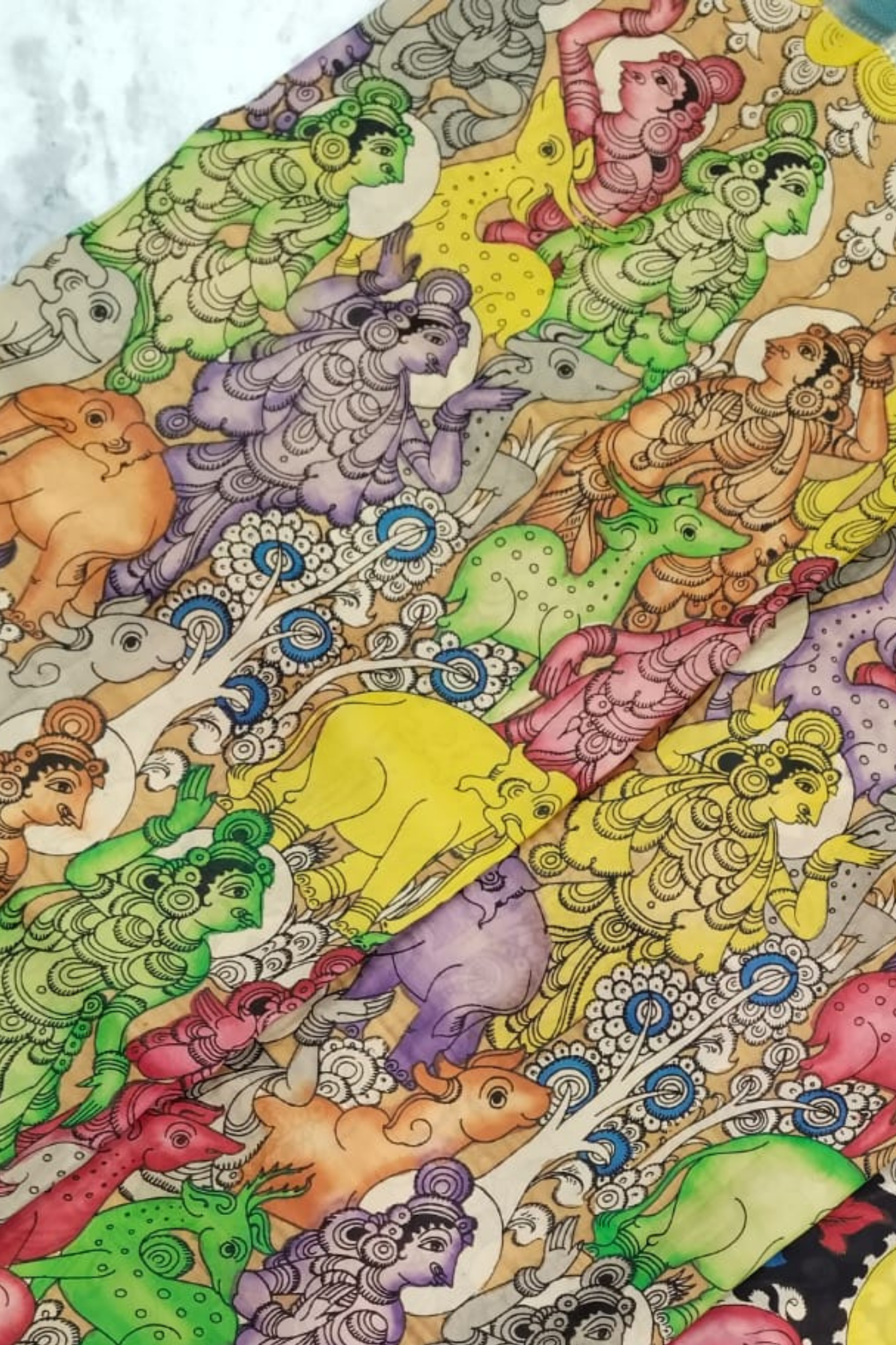 Polychromatic Pen Kalamkari Silk Saree with Handpainted Mythological & Peacock Motifs