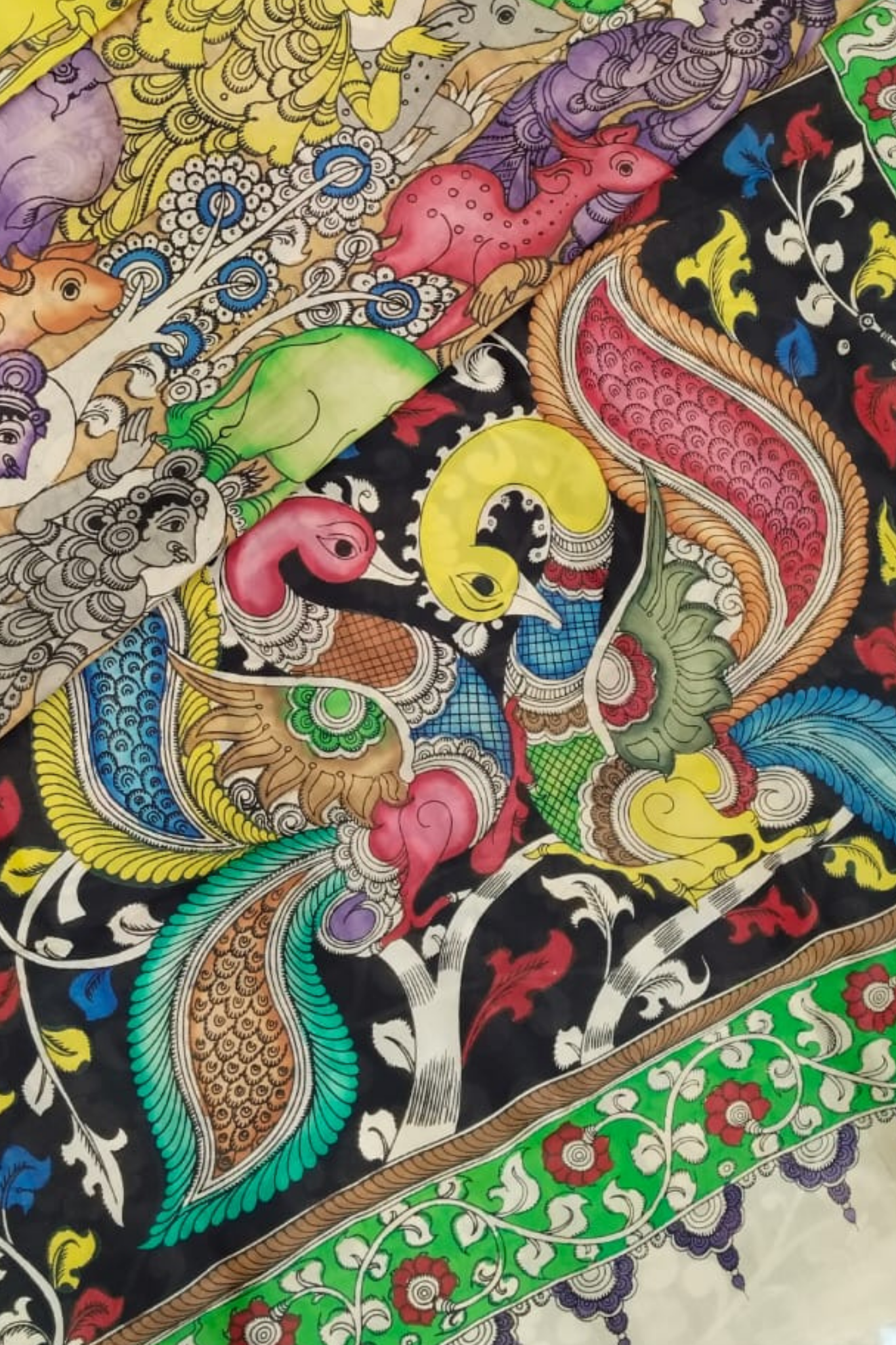 Polychromatic Pen Kalamkari Silk Saree with Handpainted Mythological & Peacock Motifs