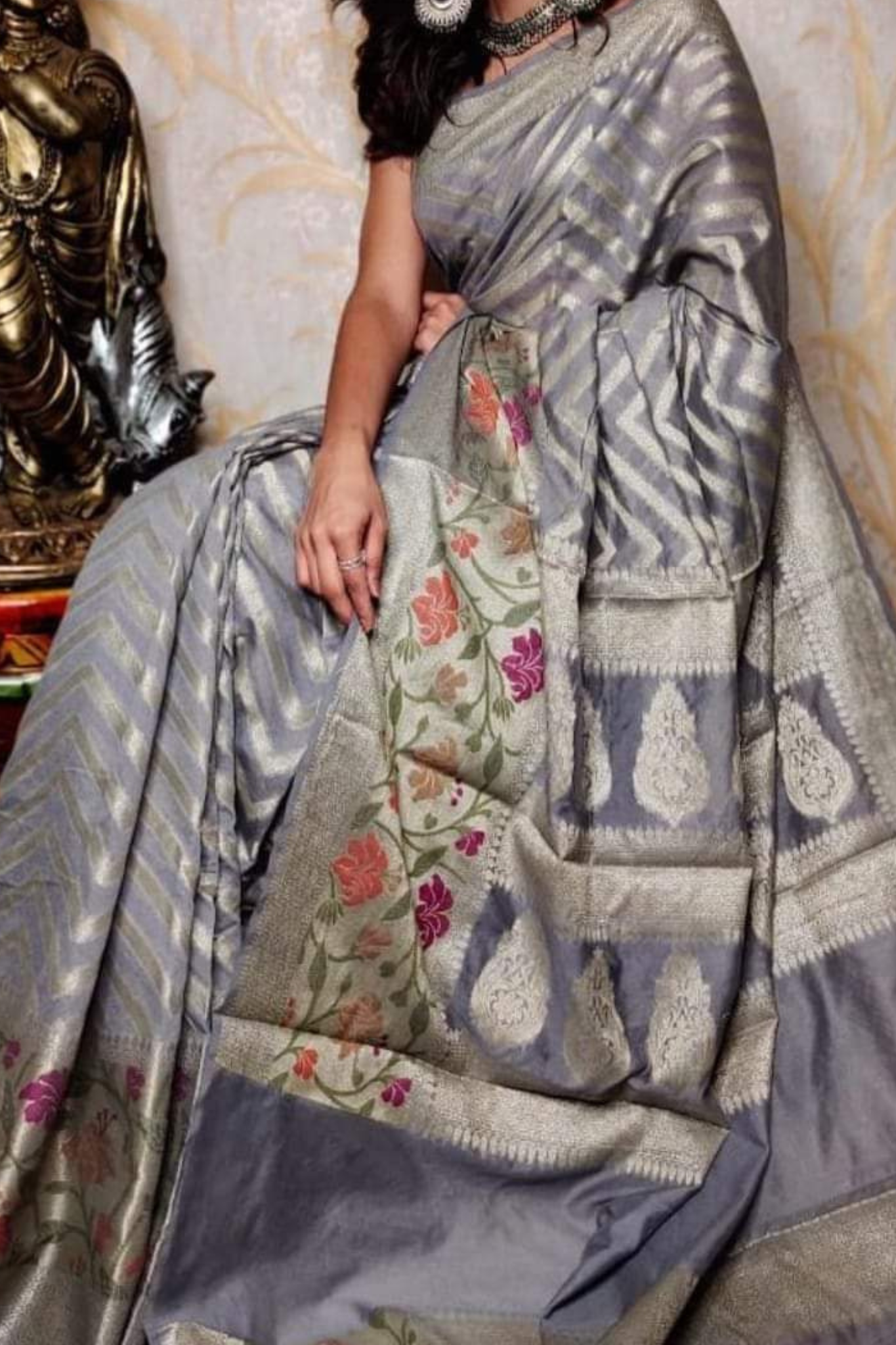Slate Grey Pure Banarasi Khaddi Georgette Saree