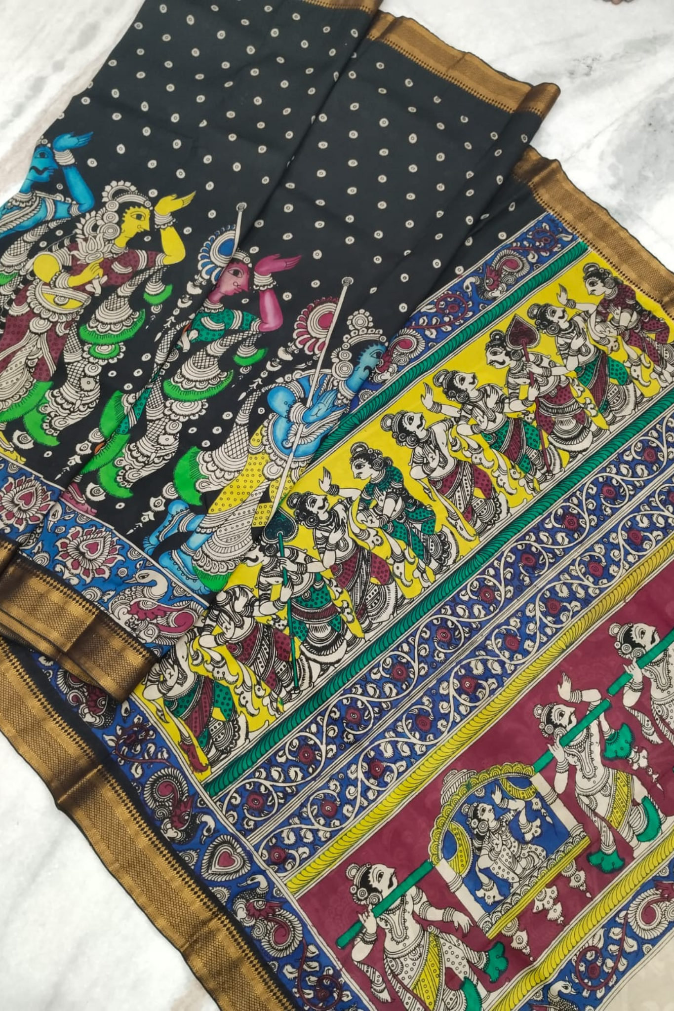 Polychromatic Black Handpainted Pen Kalamkari Silk Saree with Mythological Motifs