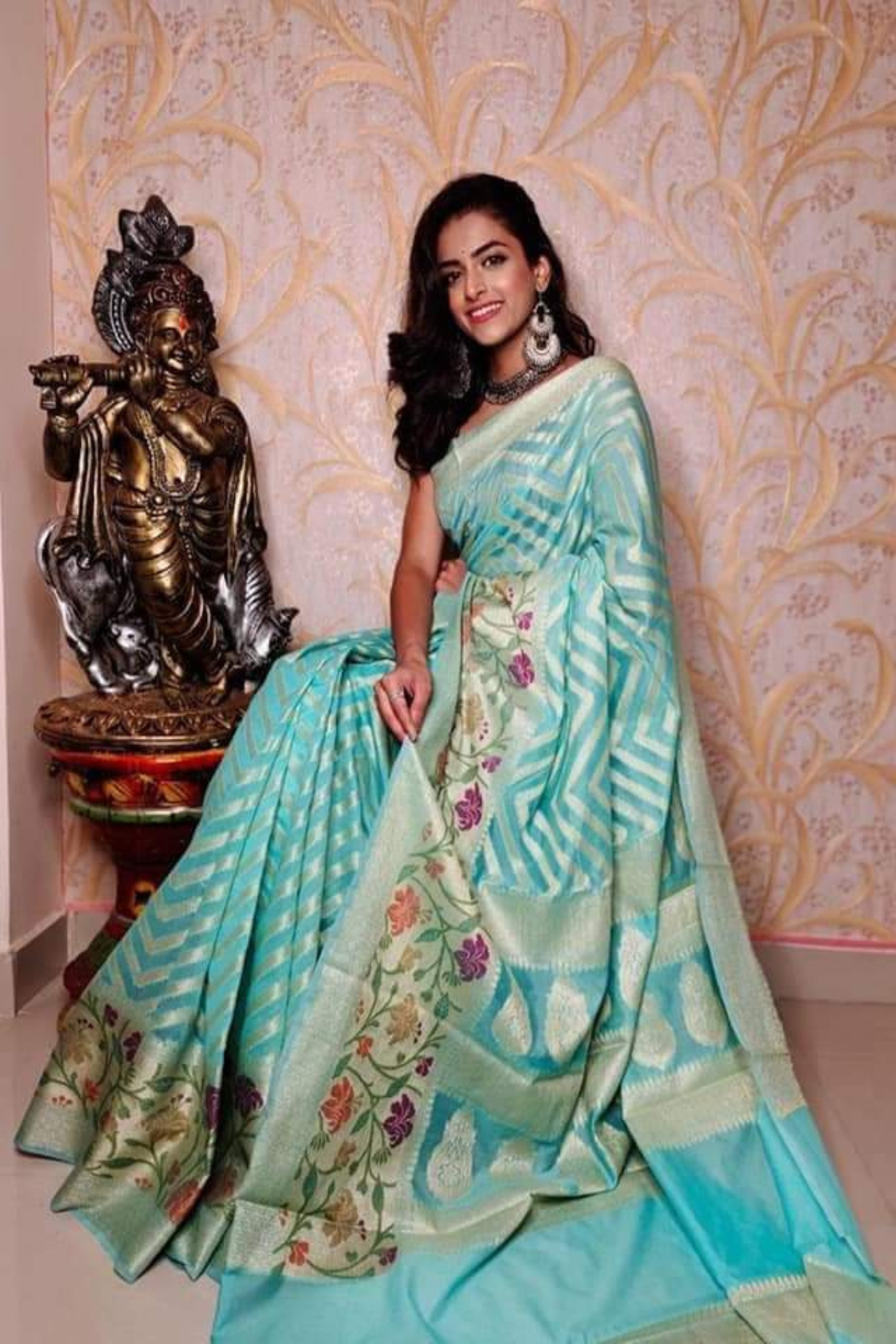 Teal Blue Pure Banarasi Khaddi Georgette Saree With Blouse